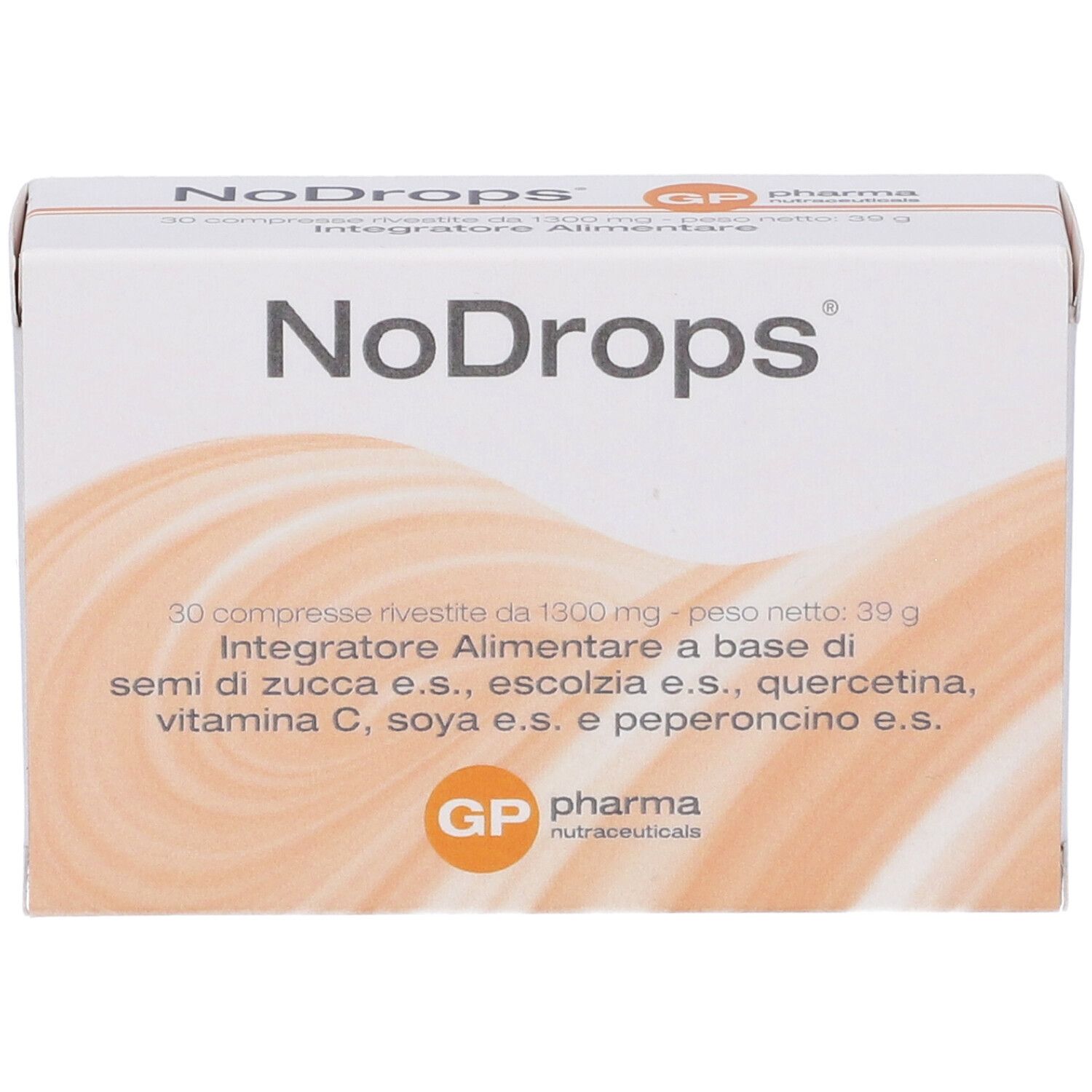 Scatola bianca con nome del prodotto e informazioni. Marchio: GP pharma.