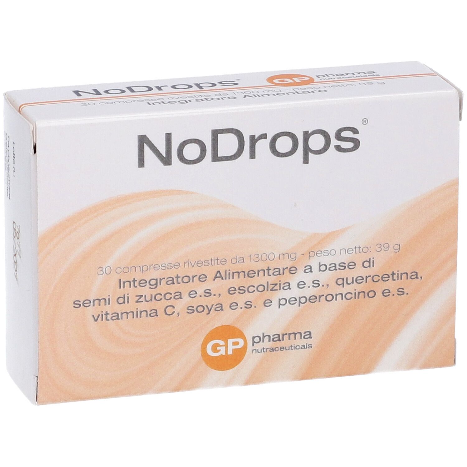 Scatola bianca con nome del prodotto e informazioni. Marchio: GP pharma.
