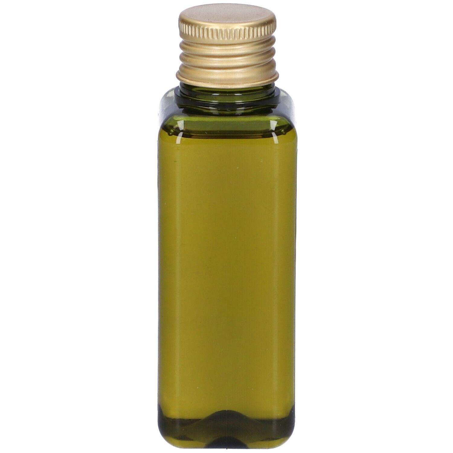 Flacone di vetro verde rettangolare con tappo dorato. Scritta: Olio Elisir Secco.