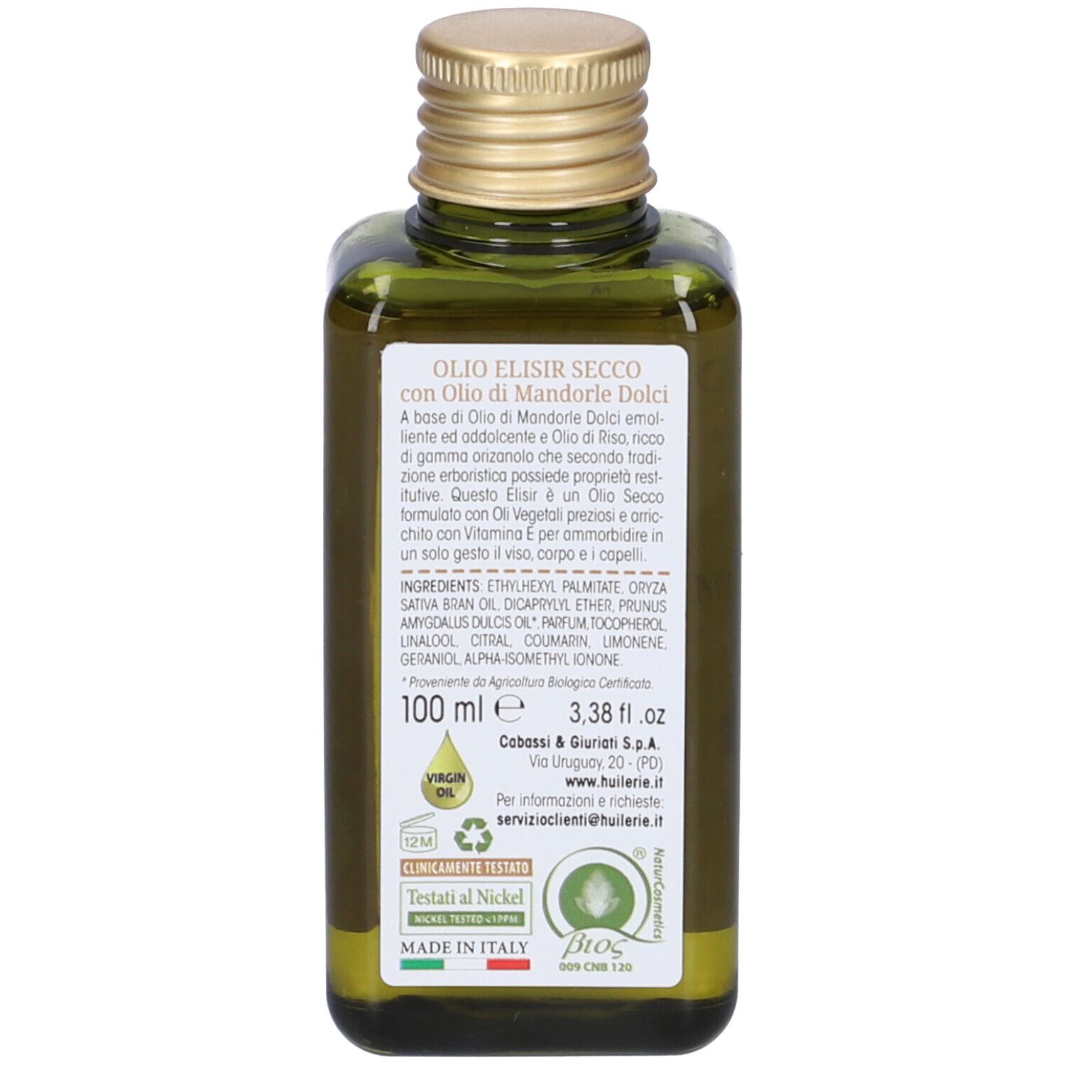 Flacone di vetro verde rettangolare con tappo dorato. Scritta: Olio Elisir Secco.