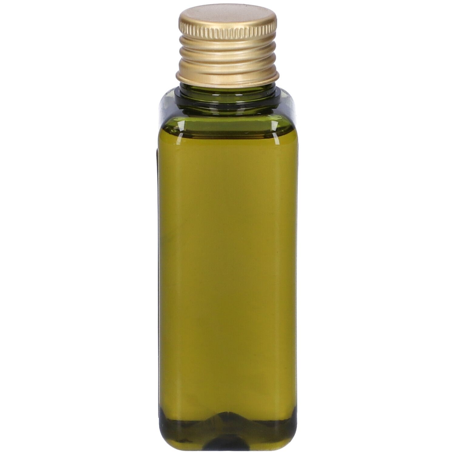 Flacone di vetro verde rettangolare con tappo dorato. Scritta: Olio Elisir Secco.