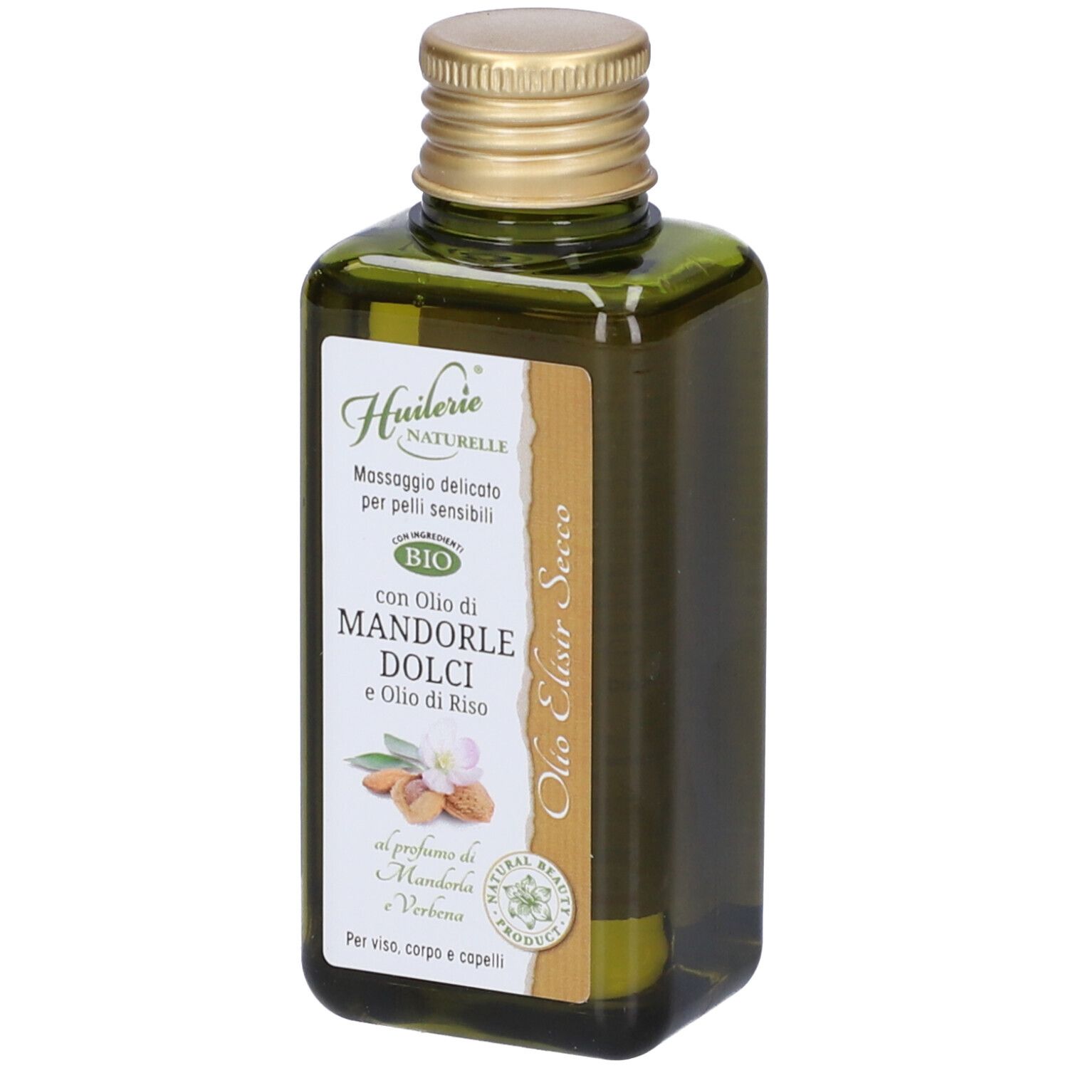 Flacone di vetro verde rettangolare con tappo dorato. Scritta: Olio Elisir Secco.