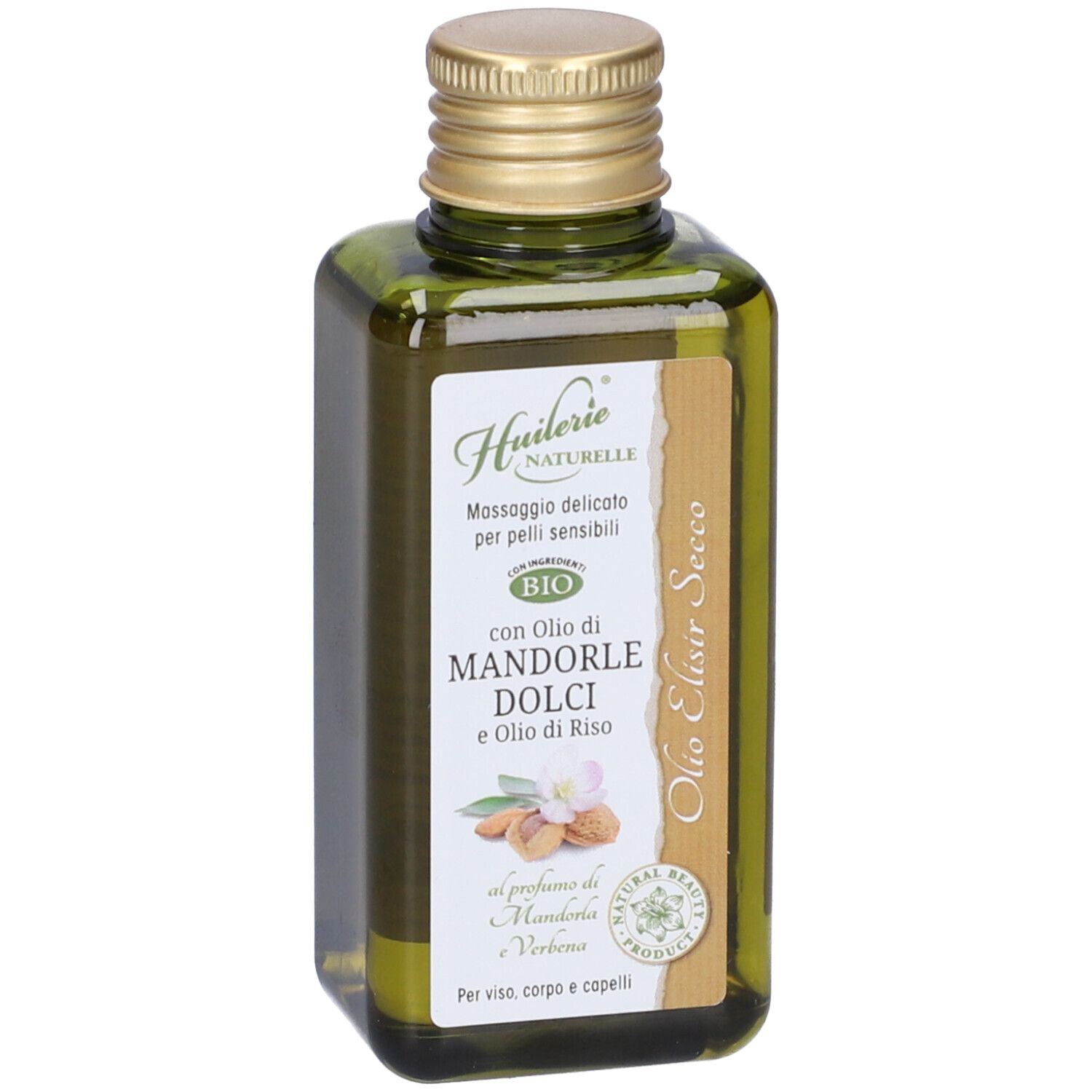Flacone di vetro verde rettangolare con tappo dorato. Scritta: Olio Elisir Secco.