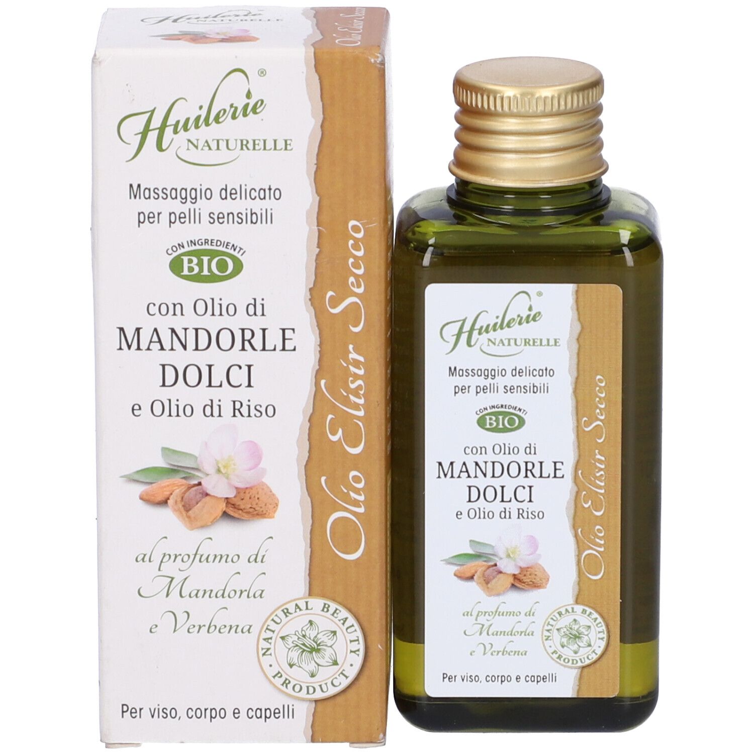 Flacone di vetro verde con tappo dorato e scatola. Scritta: Olio Elisir Secco.
