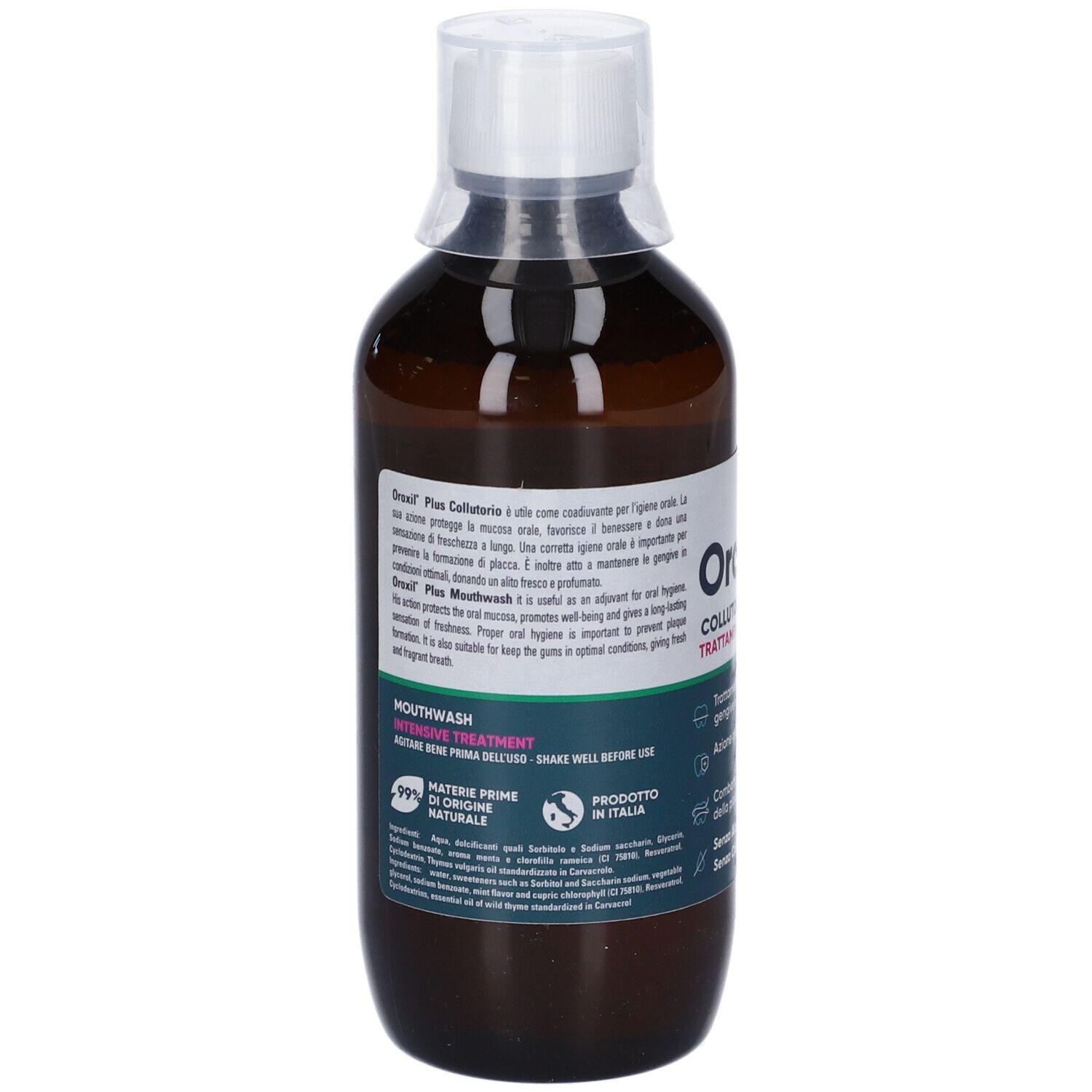Flacone marrone con tappo bianco. Retro con testo. Oroxil Plus Collutorio. Collutorio. Ingredienti. Prodotto in Italia.