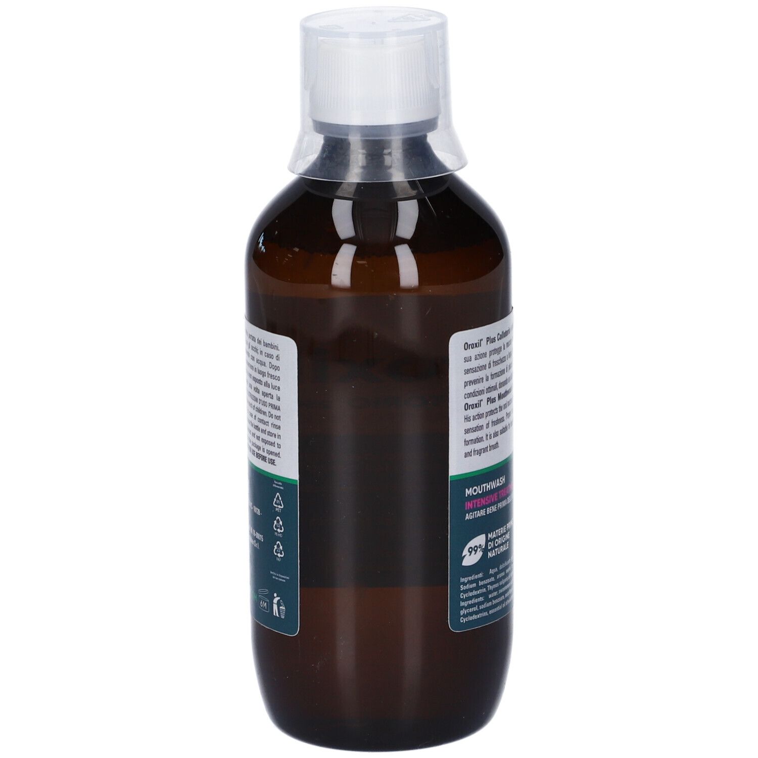 Flacone marrone con tappo bianco. Retro con testo. Oroxil Plus Collutorio. Collutorio. Ingredienti. Prodotto in Italia.