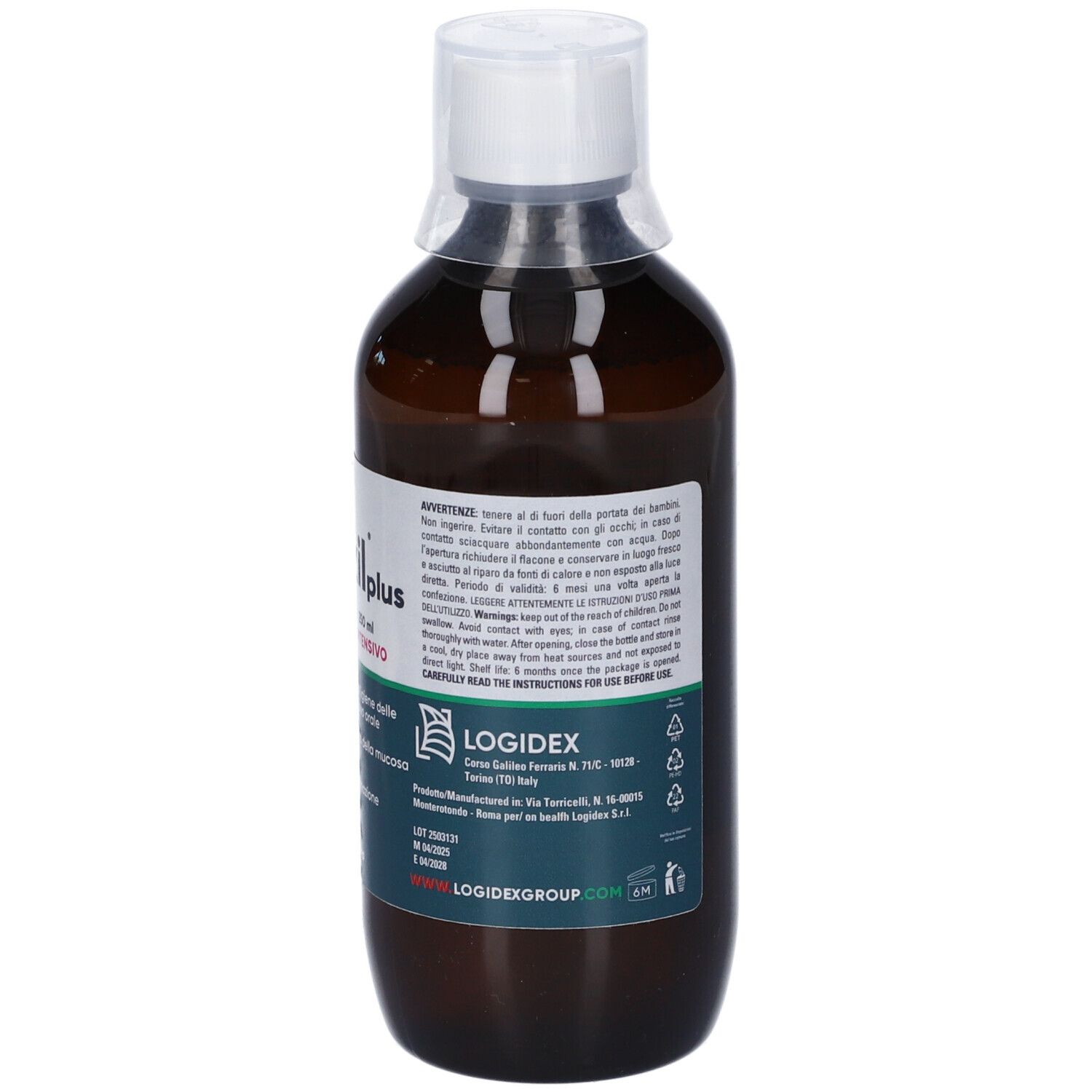 Flacone marrone con tappo bianco. Retro con testo. Oroxil Plus Collutorio. Informazioni produttore. Logidex.