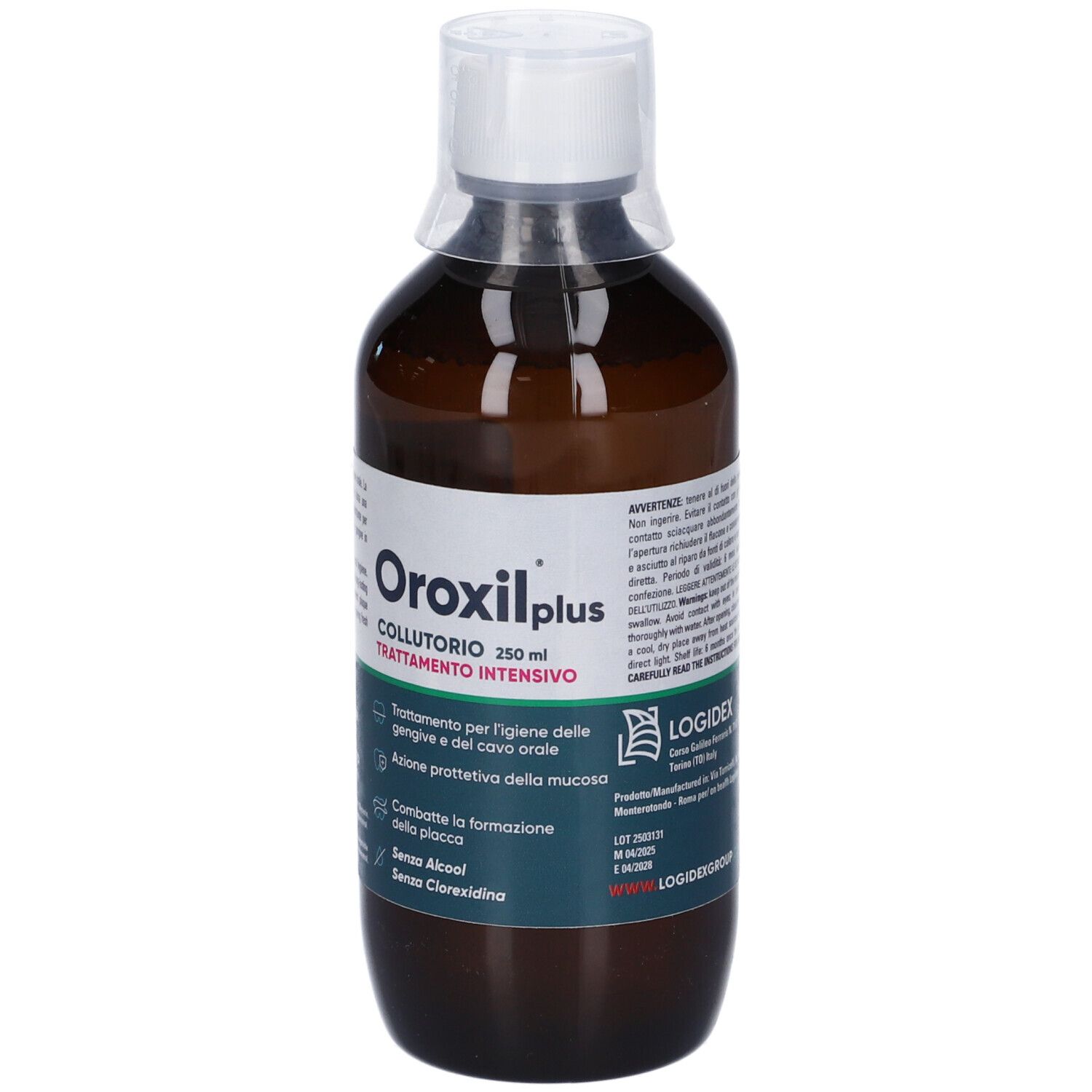 Flacone marrone con tappo bianco. Scritta: Oroxil plus Collutorio. Trattamento per l'igiene orale. 250 ml.