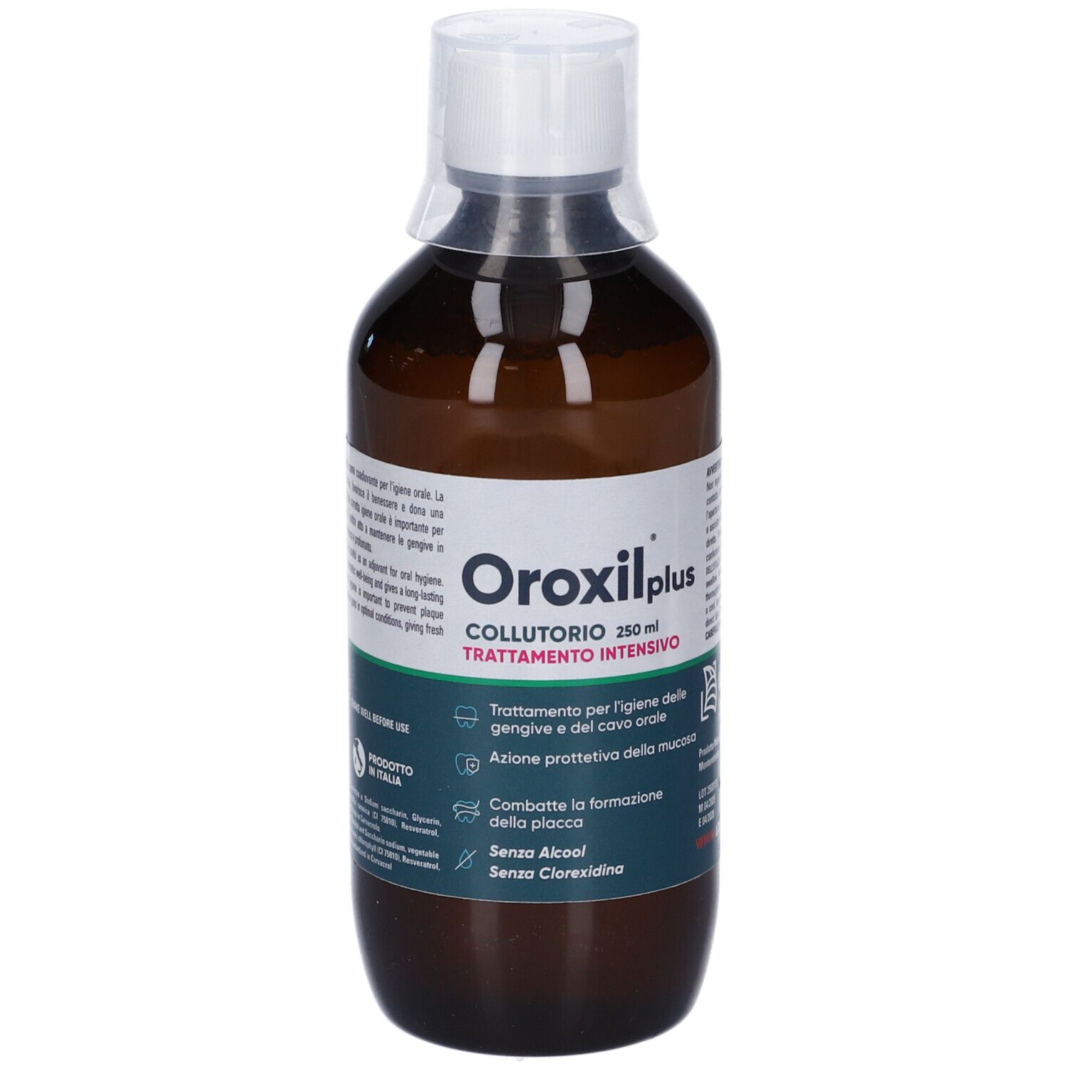 Flacone marrone con tappo bianco. Scritta: Oroxil plus Collutorio. Trattamento per l'igiene orale. 250 ml.