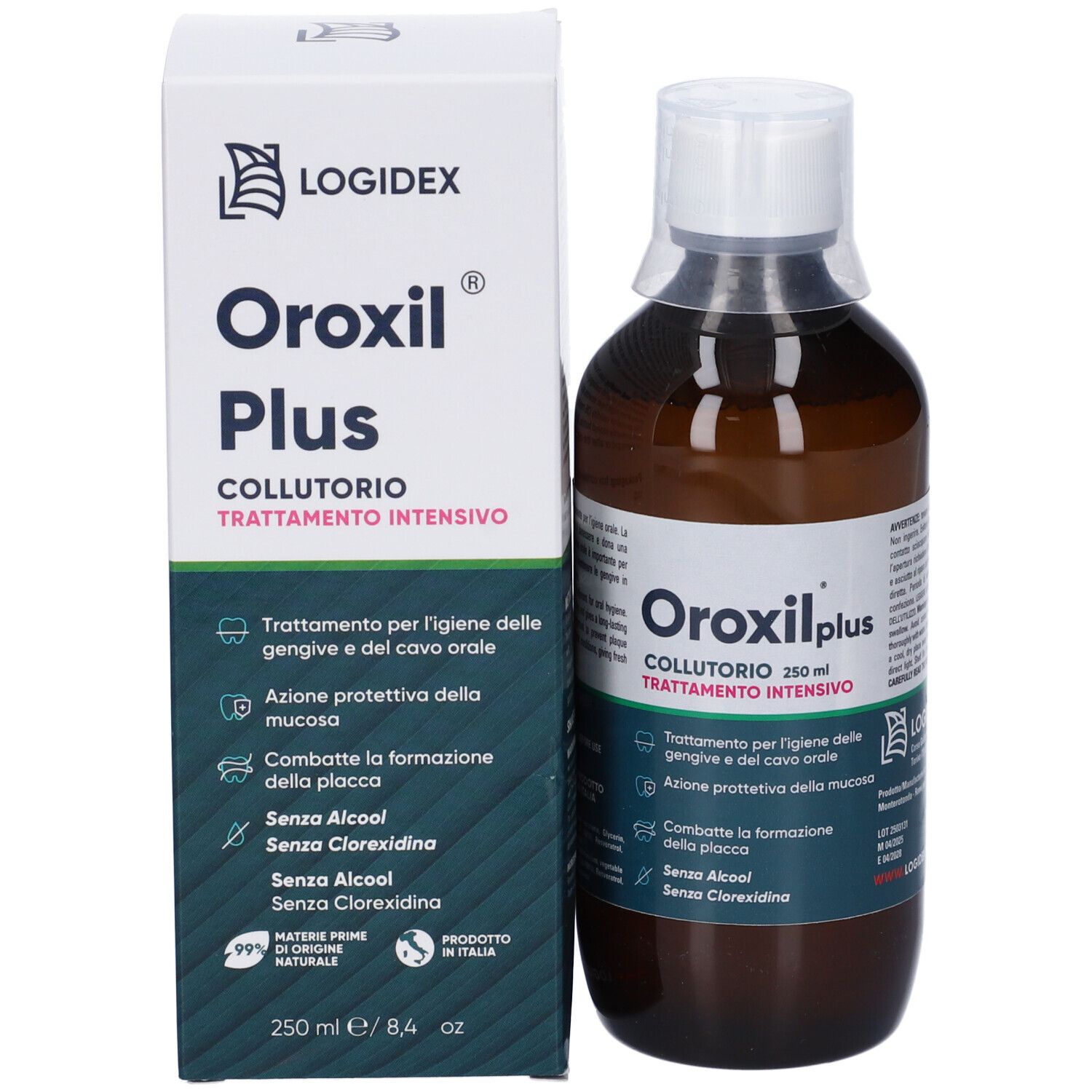 Flacone e confezione Oroxil Plus Collutorio. Trattamento per l'igiene orale. 250 ml. Confezione con logo Logidex.