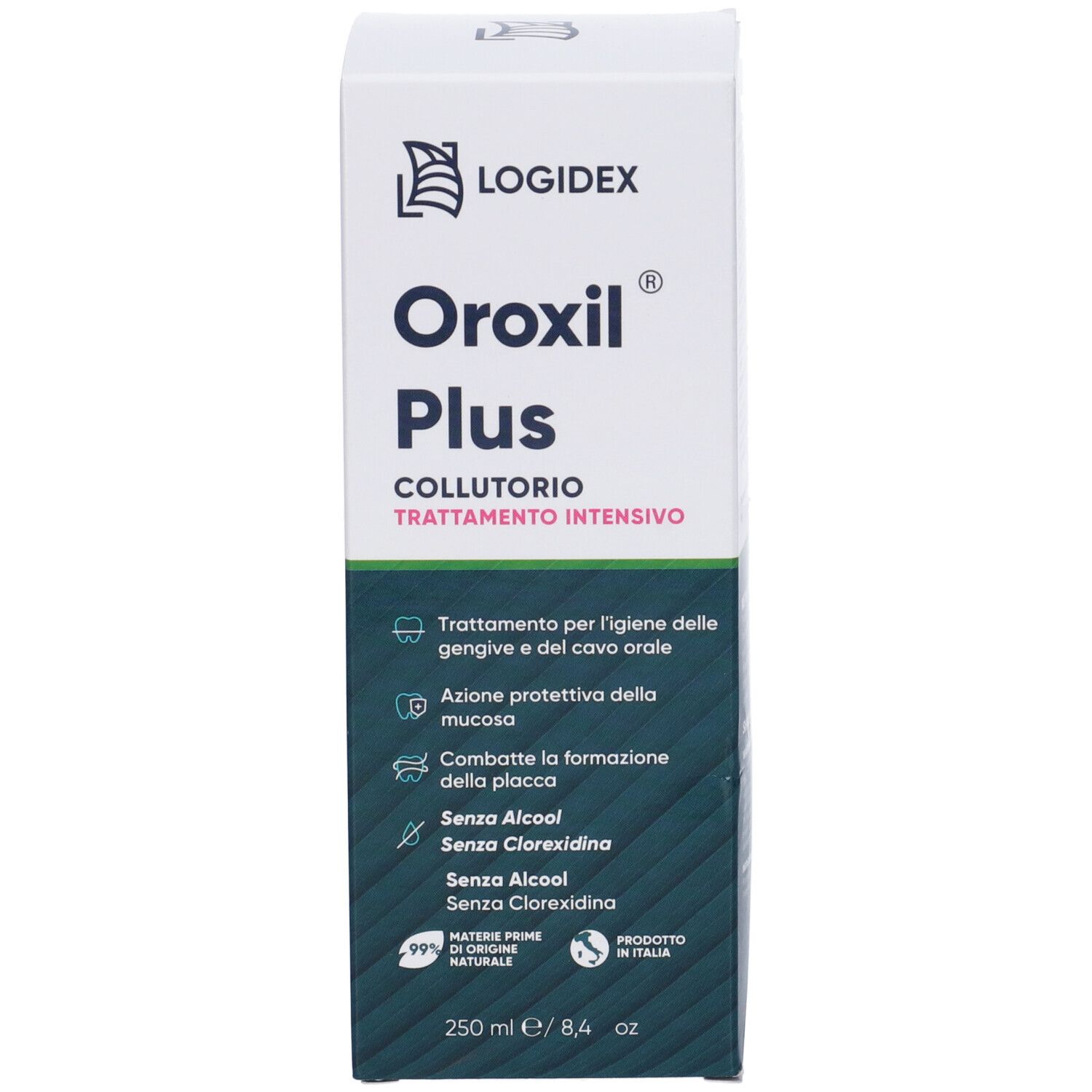 Confezione di Oroxil Plus Collutorio. Trattamento per l'igiene orale. 250 ml. Logo Logidex. Prodotto in Italia.