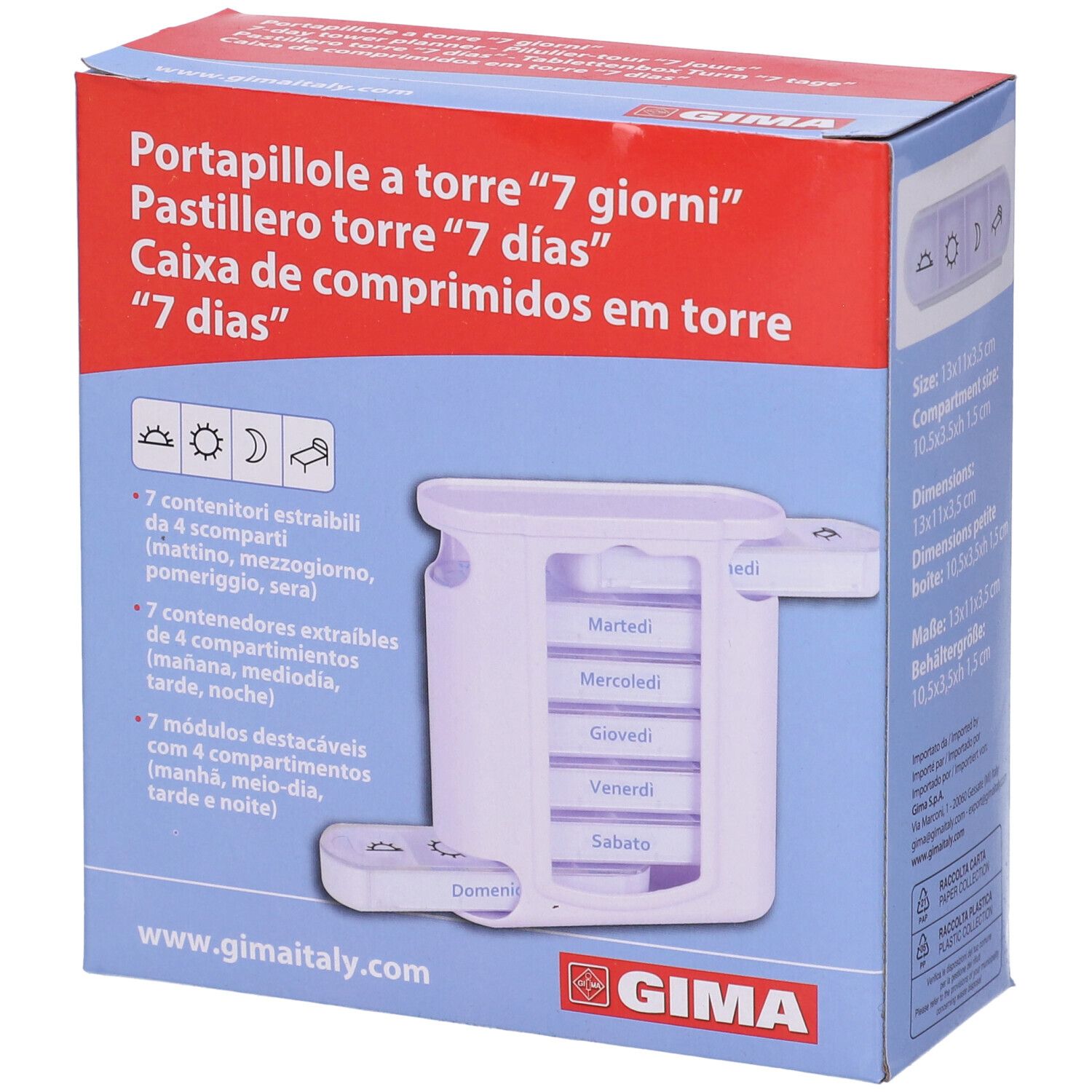 Confezione del GIMA Portapillole Settimanale. Immagine del prodotto con sette scomparti e due cassetti.