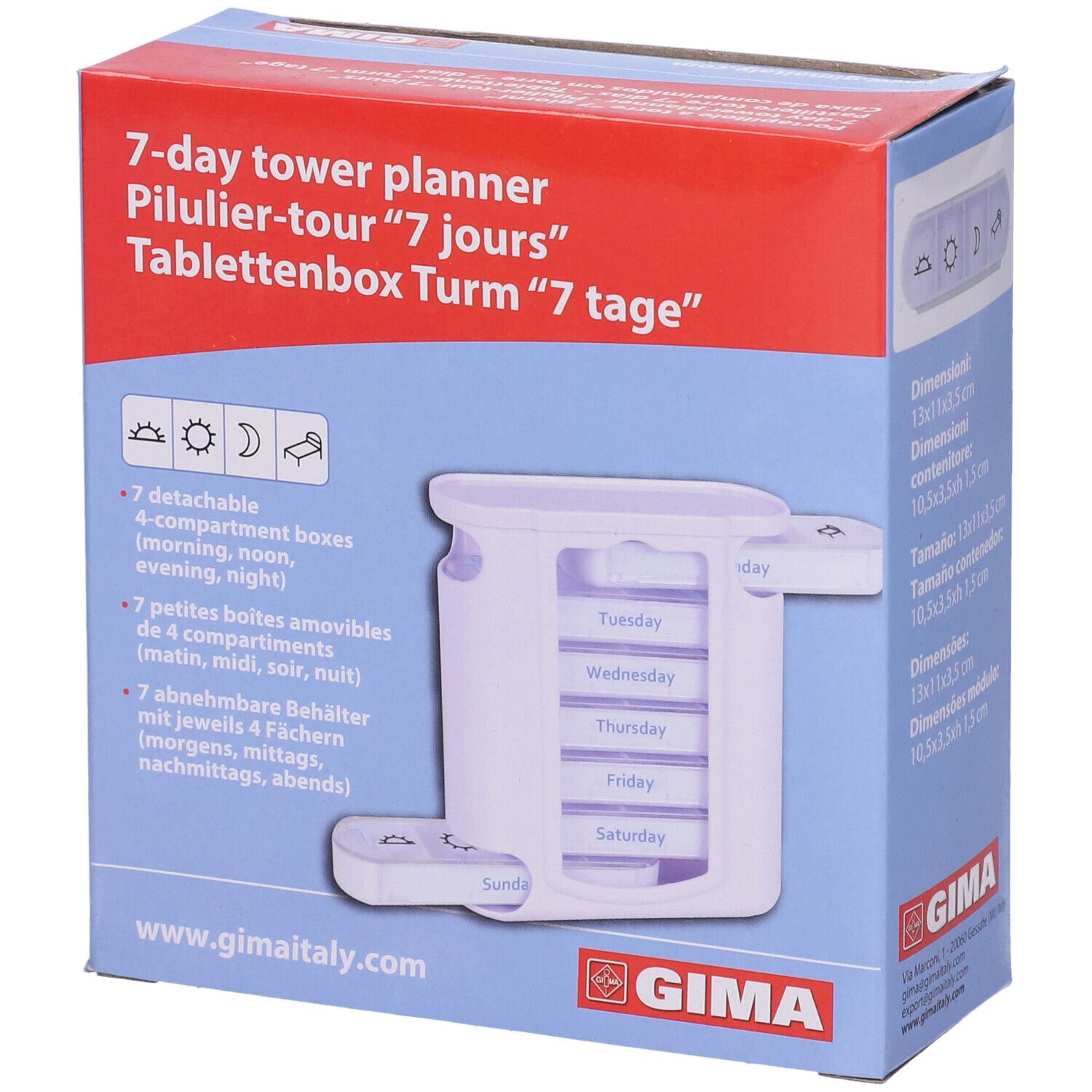 Confezione del GIMA Portapillole Settimanale. Immagine del prodotto con sette scomparti e due cassetti.