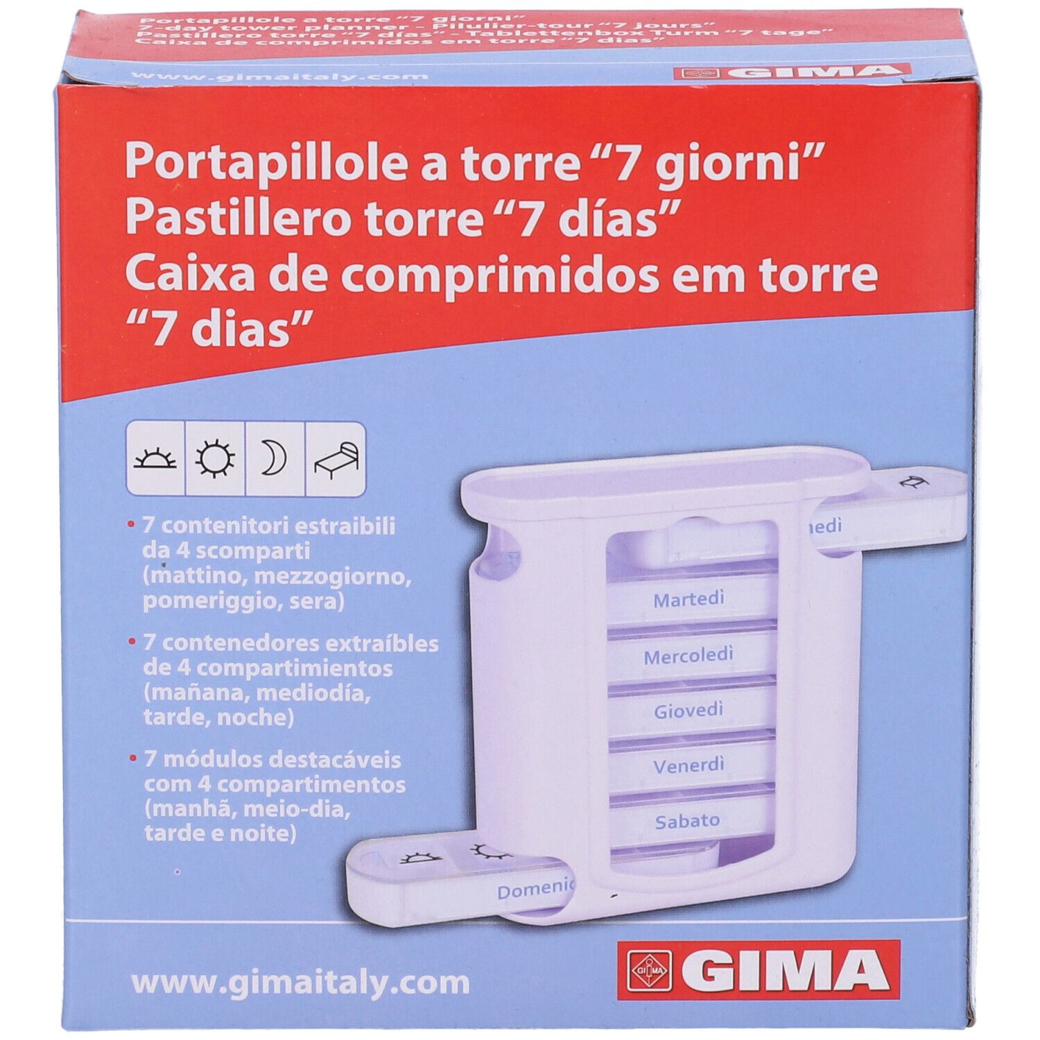 Confezione del GIMA Portapillole Settimanale. Immagine del prodotto con sette scomparti e due cassetti.