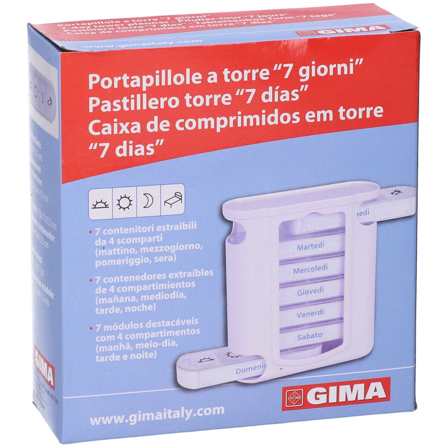 Confezione del GIMA Portapillole Settimanale. Immagine del prodotto con sette scomparti e due cassetti.