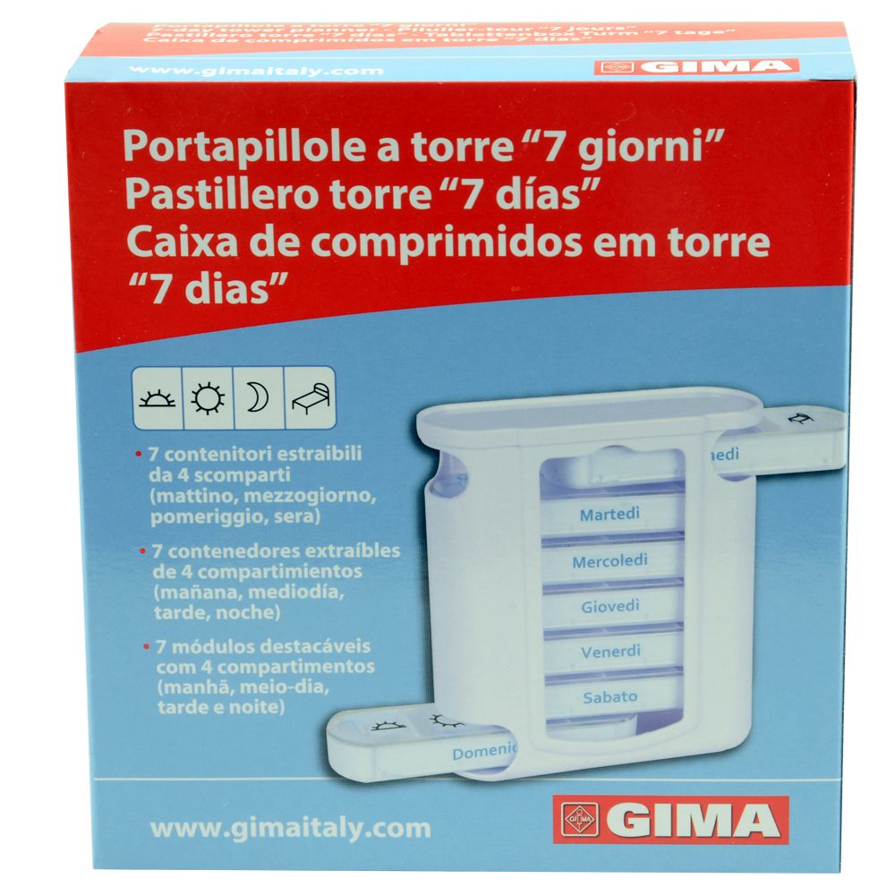Confezione del GIMA Portapillole Settimanale. Immagine del prodotto con sette scomparti e due cassetti.