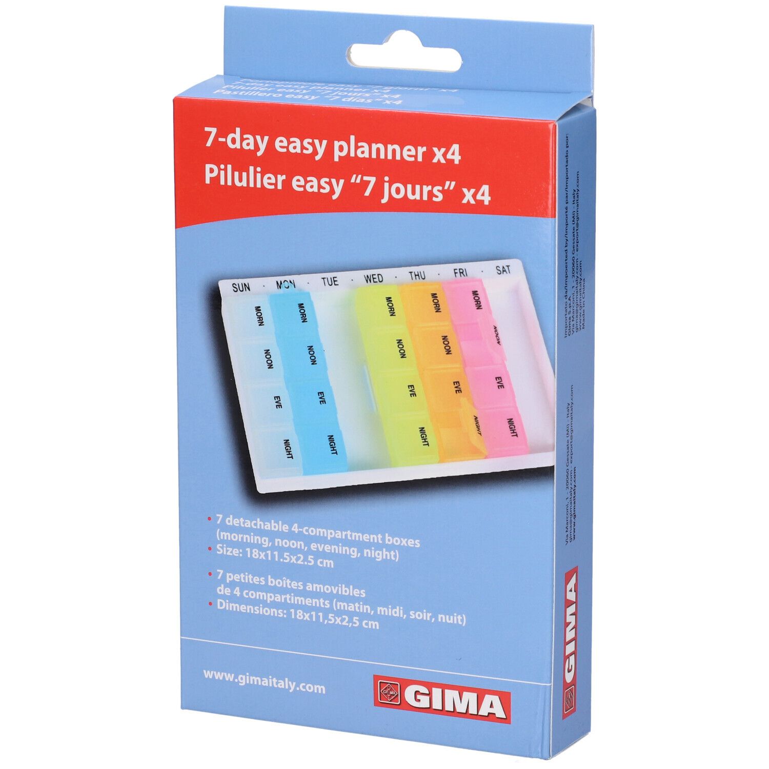 Confezione, portapillole. Scritta: 7-day easy planner x4. Logo GIMA. Contiene 7 scatole rimovibili a 4 scomparti. Dimensioni: 18x11,5x2,5 cm.
