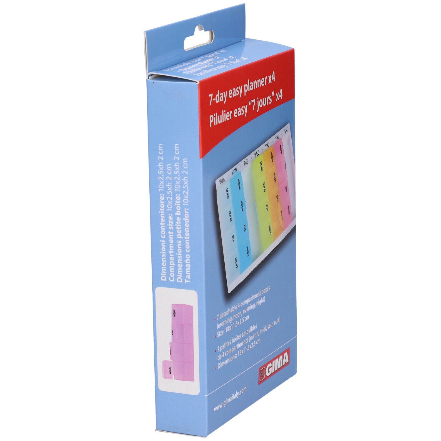 Confezione blu, portapillole. Scritta: 7-day easy planner x4. Logo GIMA. Dimensioni: 10x2,5x2 cm. Contiene 7 scatole rimovibili a 4 scomparti.