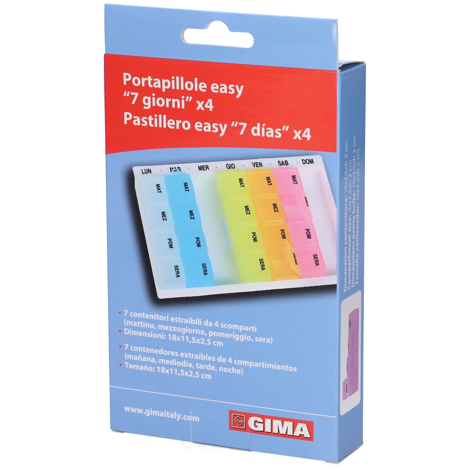 Confezione, portapillole. Scritta: Portapillole easy, 7 giorni x4. Logo GIMA. Contiene 7 contenitori estraibili con 4 scomparti.