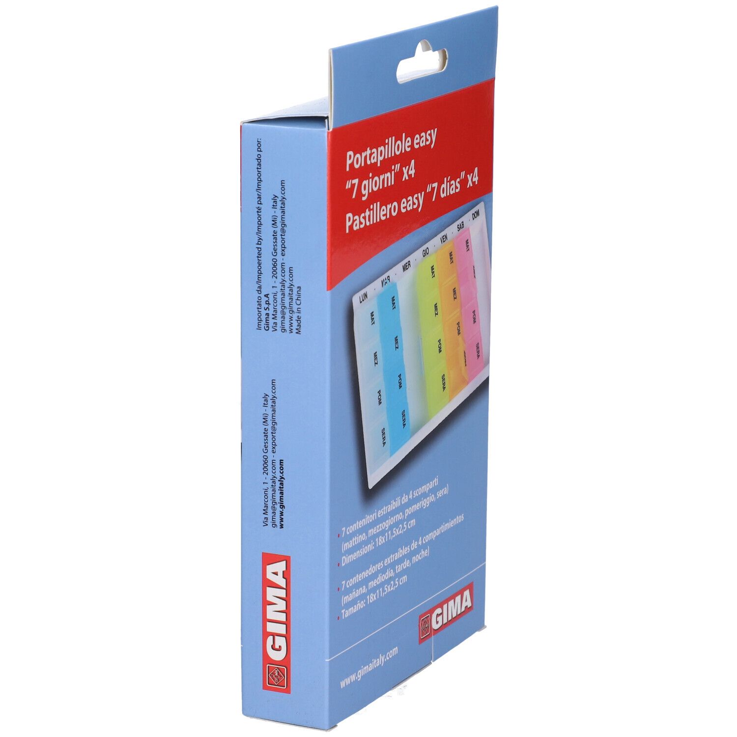 Confezione, portapillole. Scritta: Portapillole easy, 7 giorni x4. Logo GIMA. Contiene 7 contenitori estraibili con 4 scomparti.