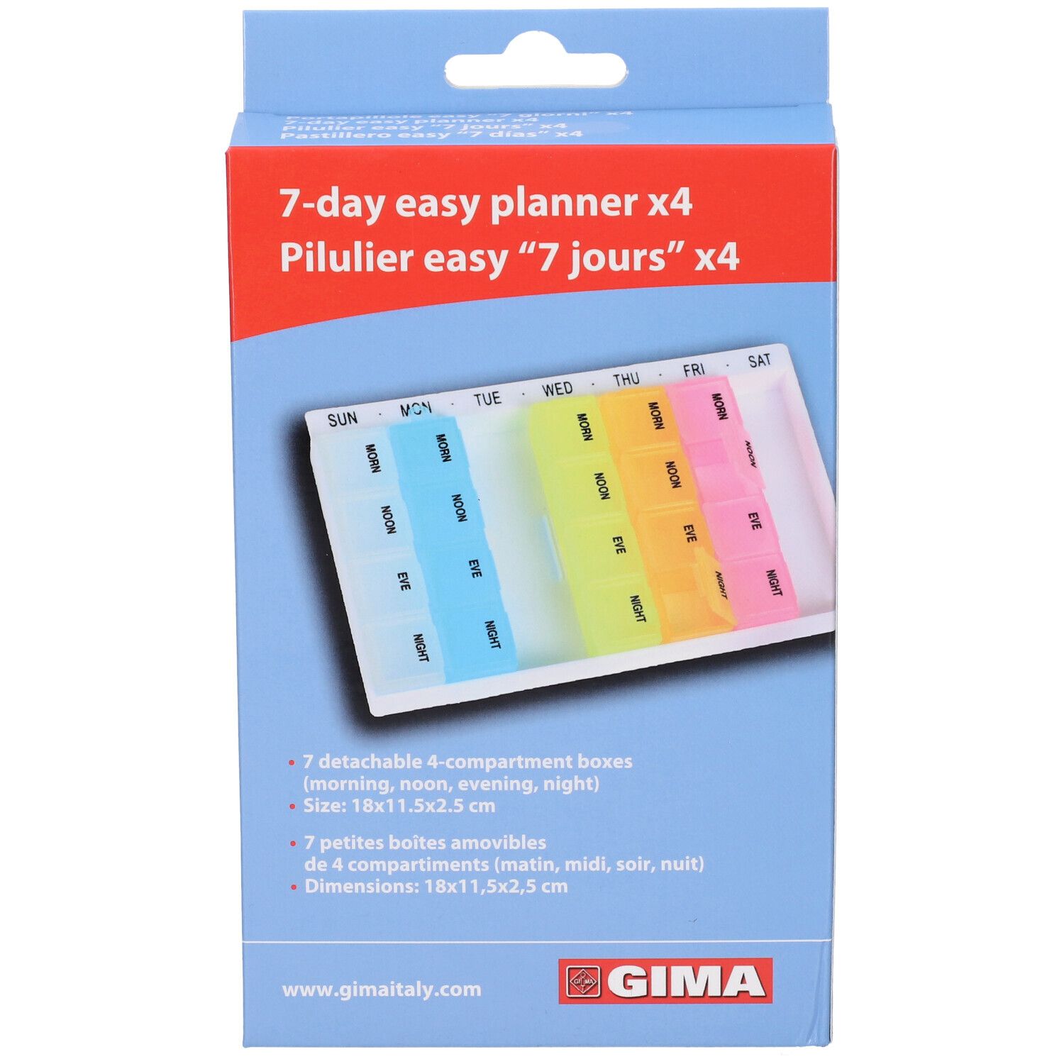 Confezione, portapillole. Scritta: 7-day easy planner x4. Logo GIMA. Contiene 7 scatole rimovibili a 4 scomparti. Dimensioni: 18x11,5x2,5 cm.