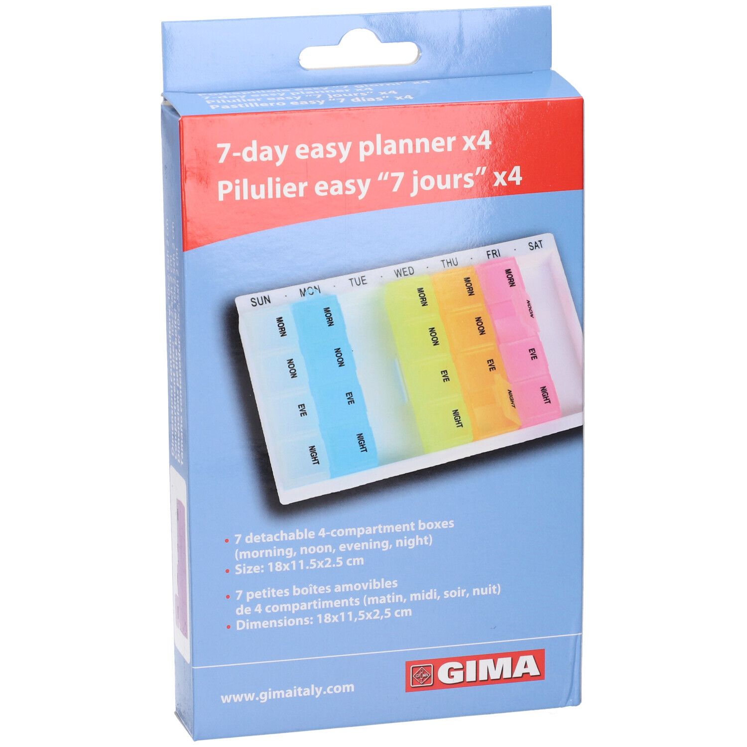 Confezione, portapillole. Scritta: 7-day easy planner x4. Logo GIMA. Contiene 7 scatole rimovibili a 4 scomparti. Dimensioni: 18x11,5x2,5 cm.