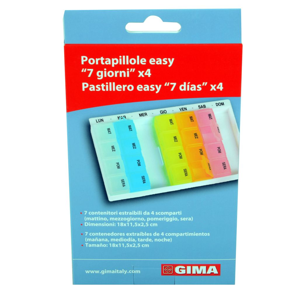 Confezione per portapillole settimanale. Scritta: Portapillole easy, 7 giorni x4. Logo GIMA. Contiene 7 contenitori estraibili con 4 scomparti.