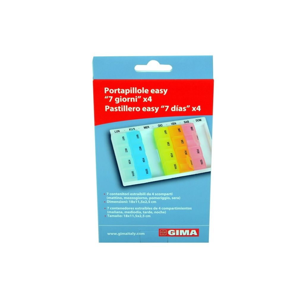 Confezione blu e bianca di Portapillole easy. Contiene un pianificatore settimanale a 7 scomparti. Logo GIMA. Testo in italiano e spagnolo.