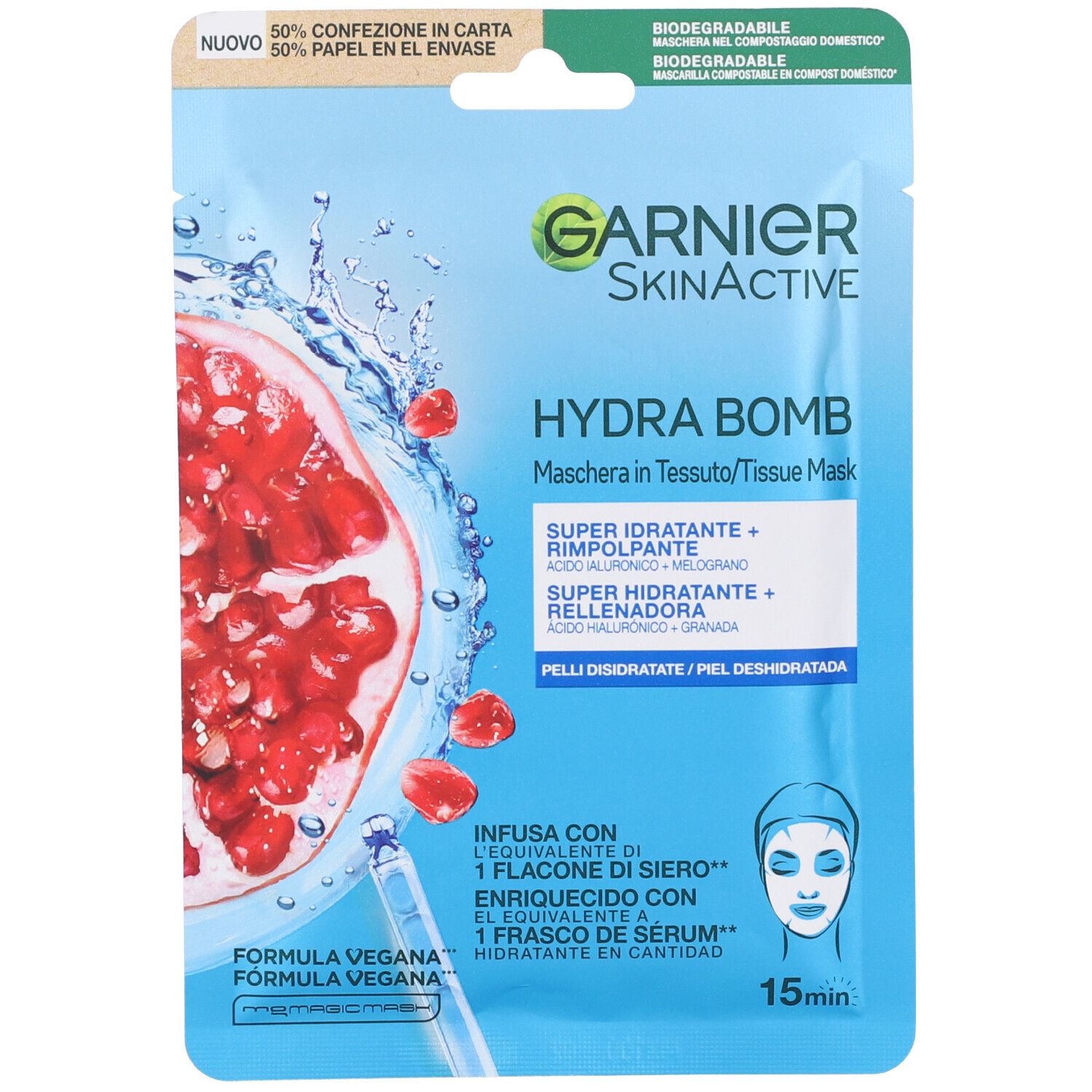 Garnier Maschera in Tessuto HydraBomb, Formula Idratante ed Energizzante per Pelli da Dissetare, Melograno, 32 ml