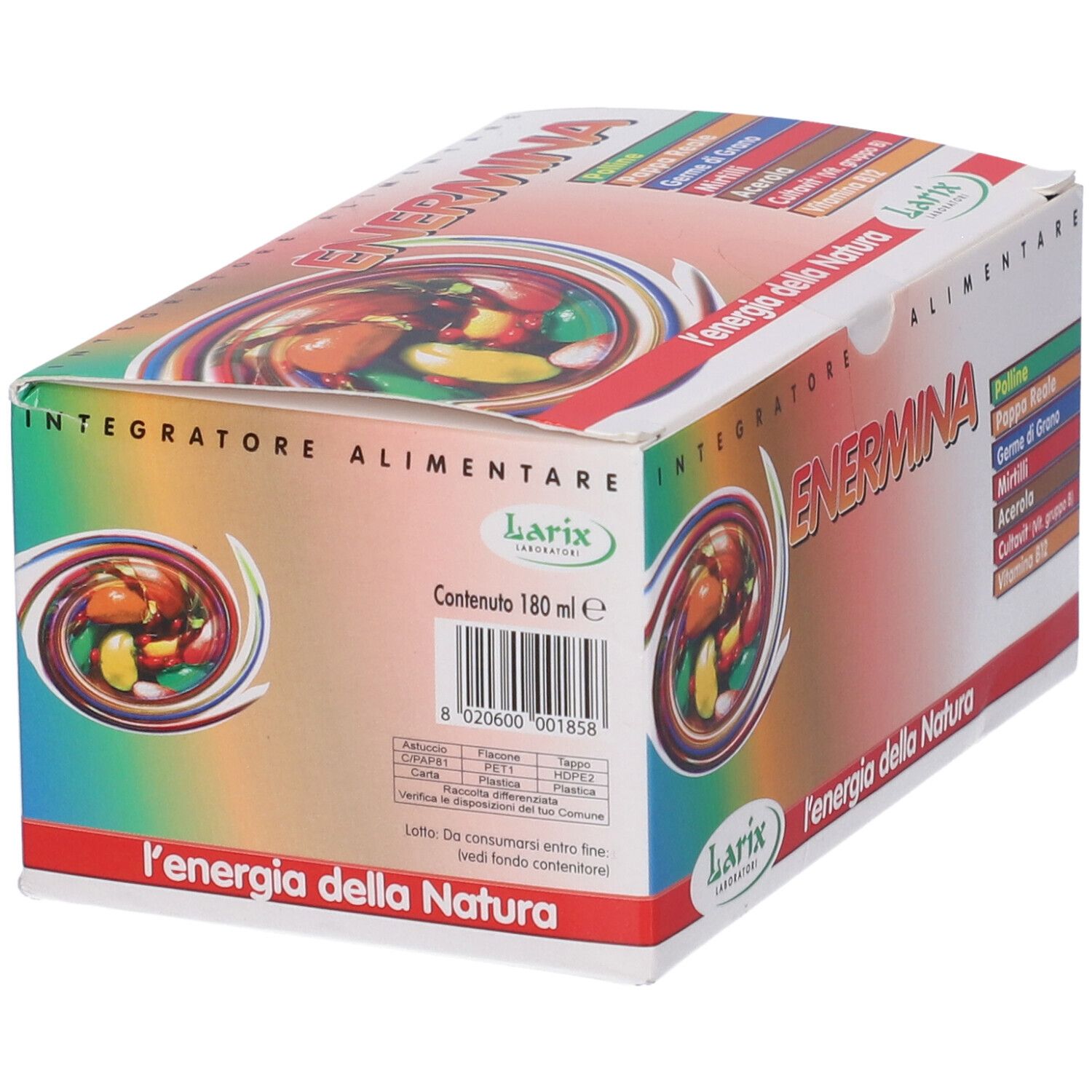 Scatola ENERMINA in diagonale. Logo, lista ingredienti, logo Larix. Testo 'L'energia della Natura'. Volume 180 ml.