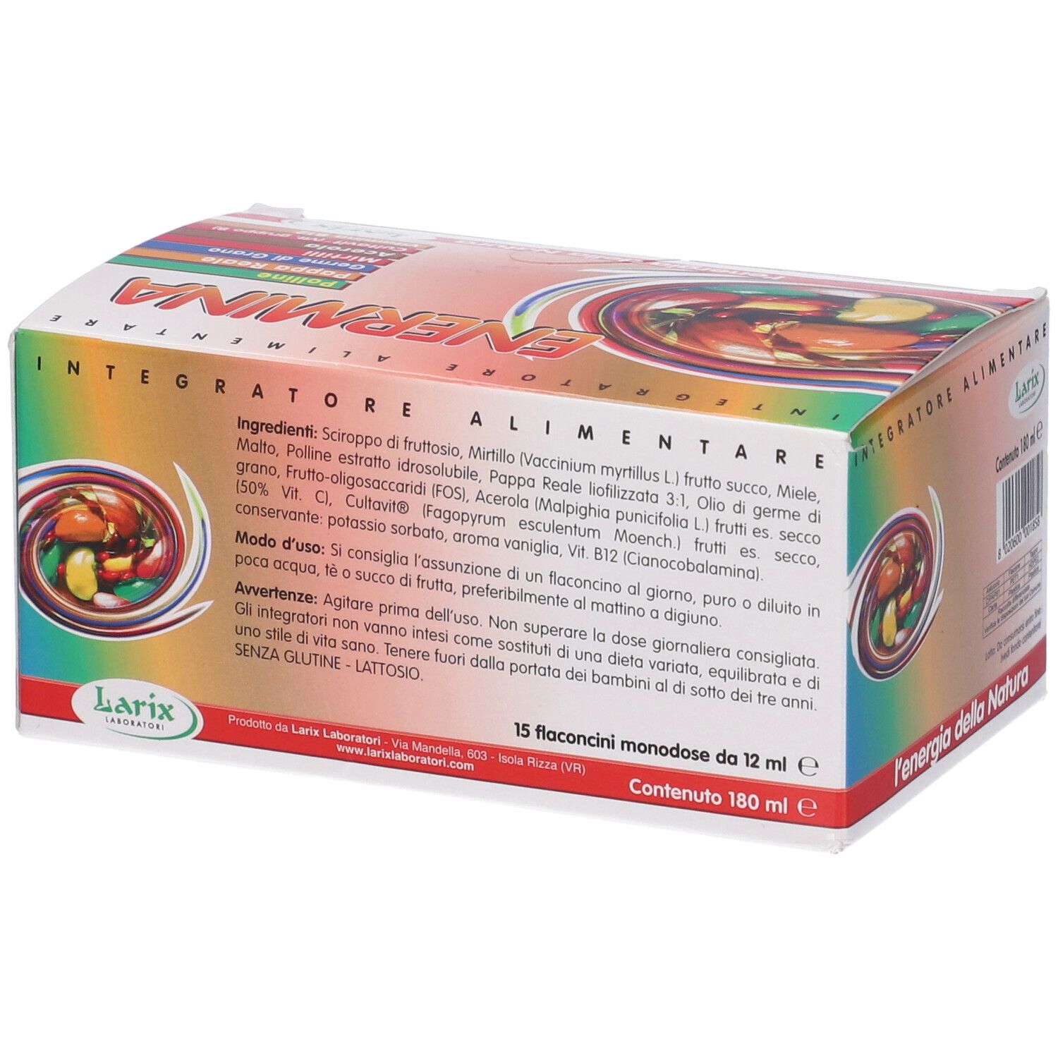 Scatola ENERMINA con ingredienti e istruzioni per l'uso. 15 flaconcini monodose da 12 ml. Logo Larix.