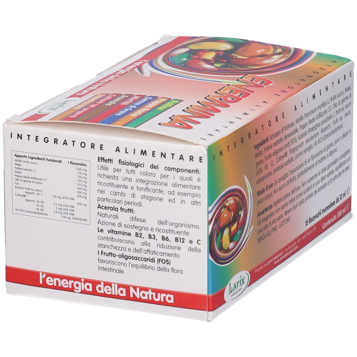 Scatola ENERMINA con ingredienti ed effetti. Logo Larix. Testo 'L'energia della Natura'. 15 flaconcini.