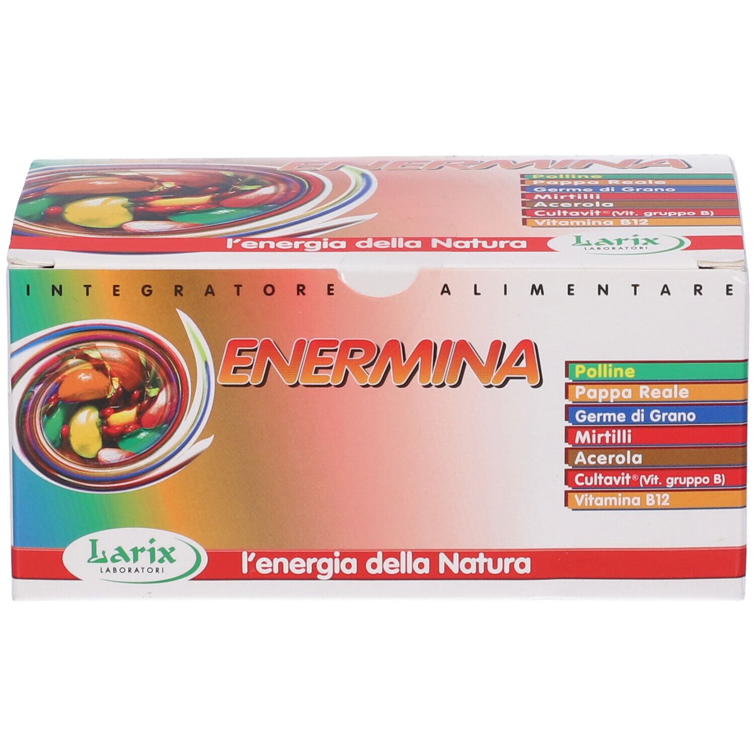 Scatola ENERMINA con logo e ingredienti. Logo Larix. Testo 'L'energia della Natura'. Lista ingredienti.