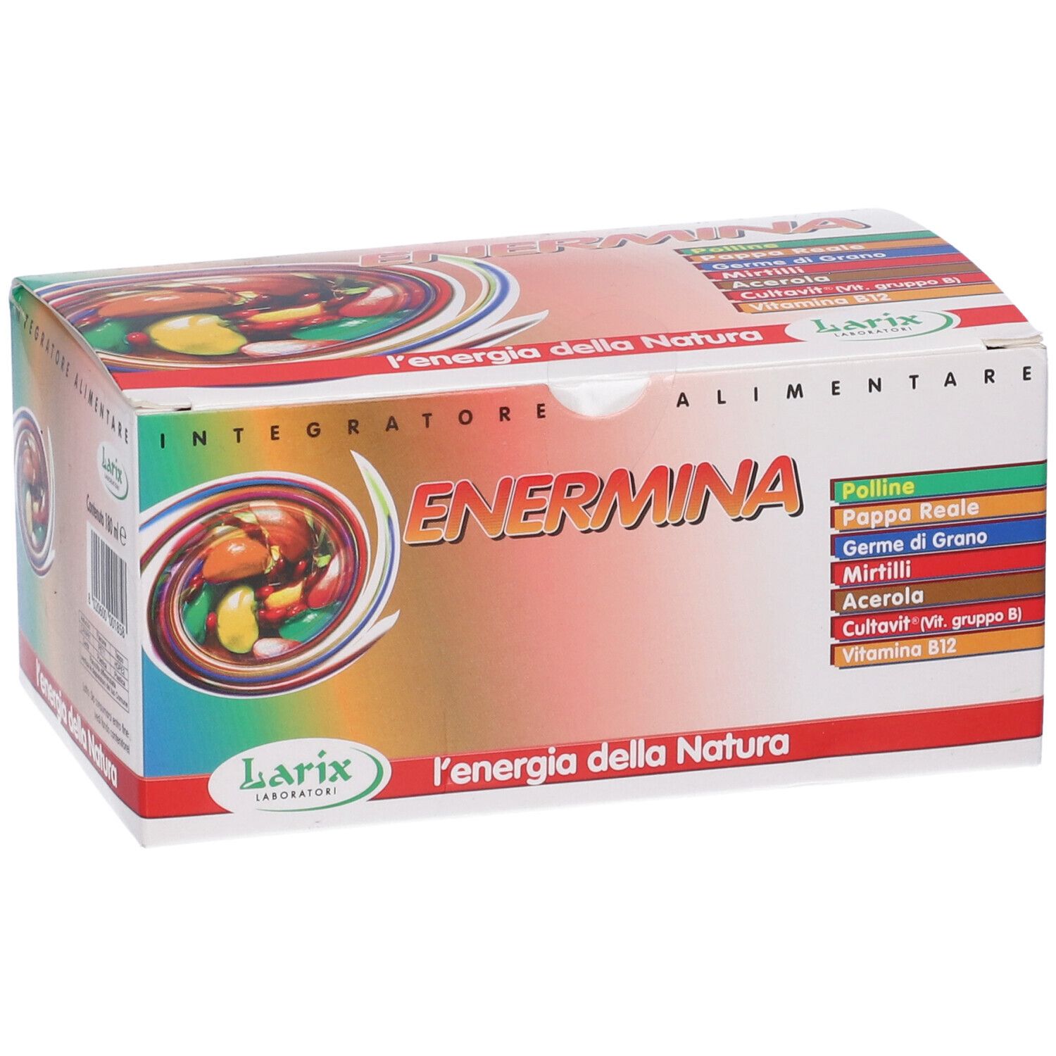 Scatola ENERMINA con logo e ingredienti. Logo Larix. Testo 'L'energia della Natura'. Lista ingredienti.