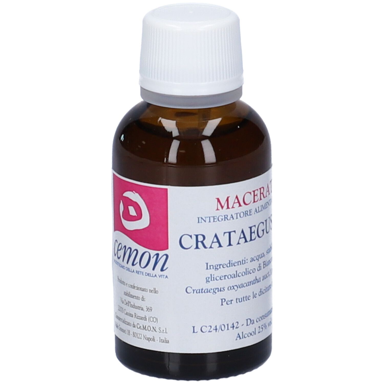 Flacone di vetro marrone con tappo bianco. Etichetta con logo e testo: Crataegus. 30 ml.