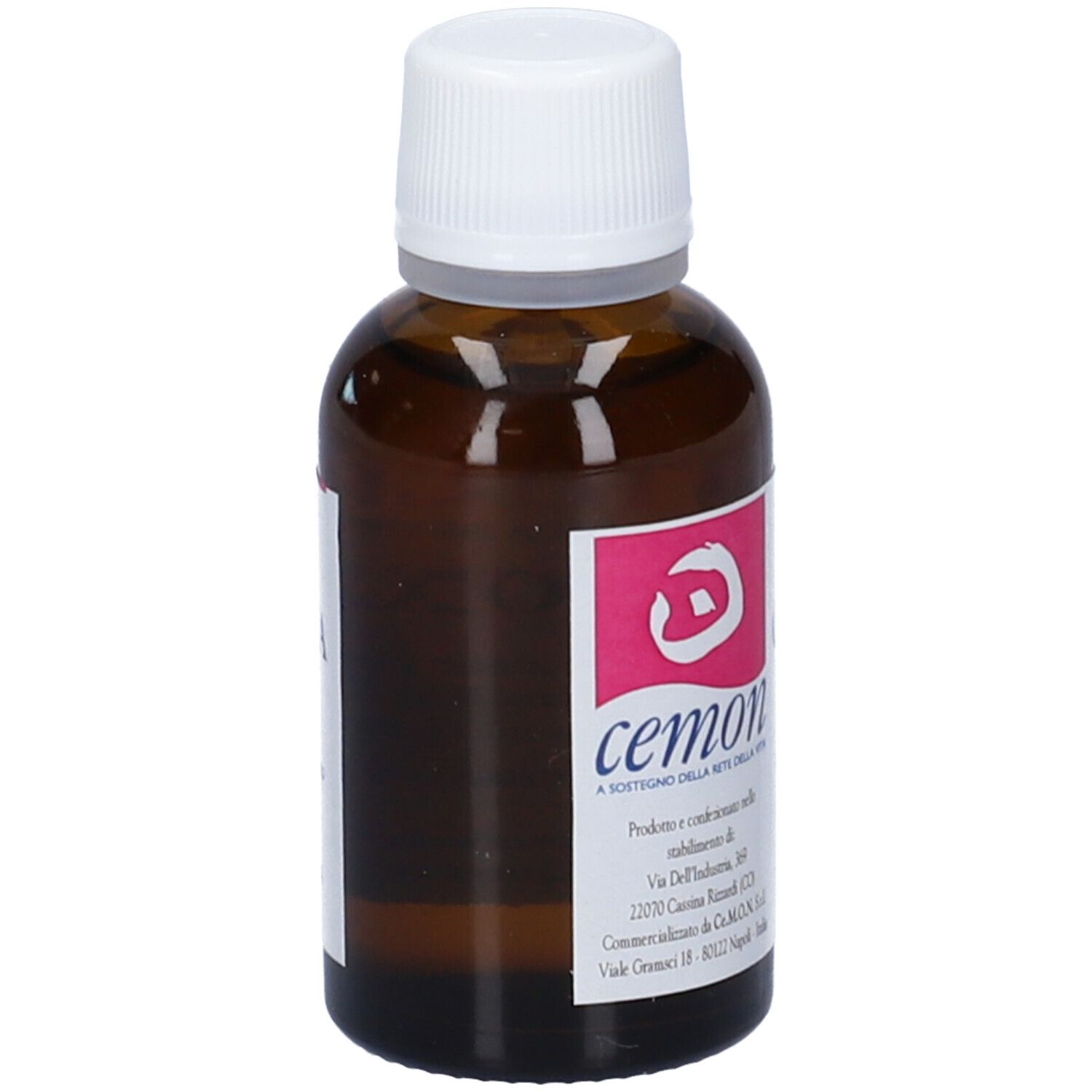 Flacone di vetro marrone con tappo bianco. Etichetta con logo e testo: cemon. 30 ml.