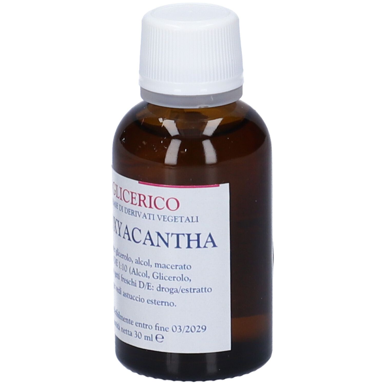 Flacone di vetro marrone con tappo bianco. Scritta: Macerato Glicerico, Crataegus Oxyacantha. 30 ml.