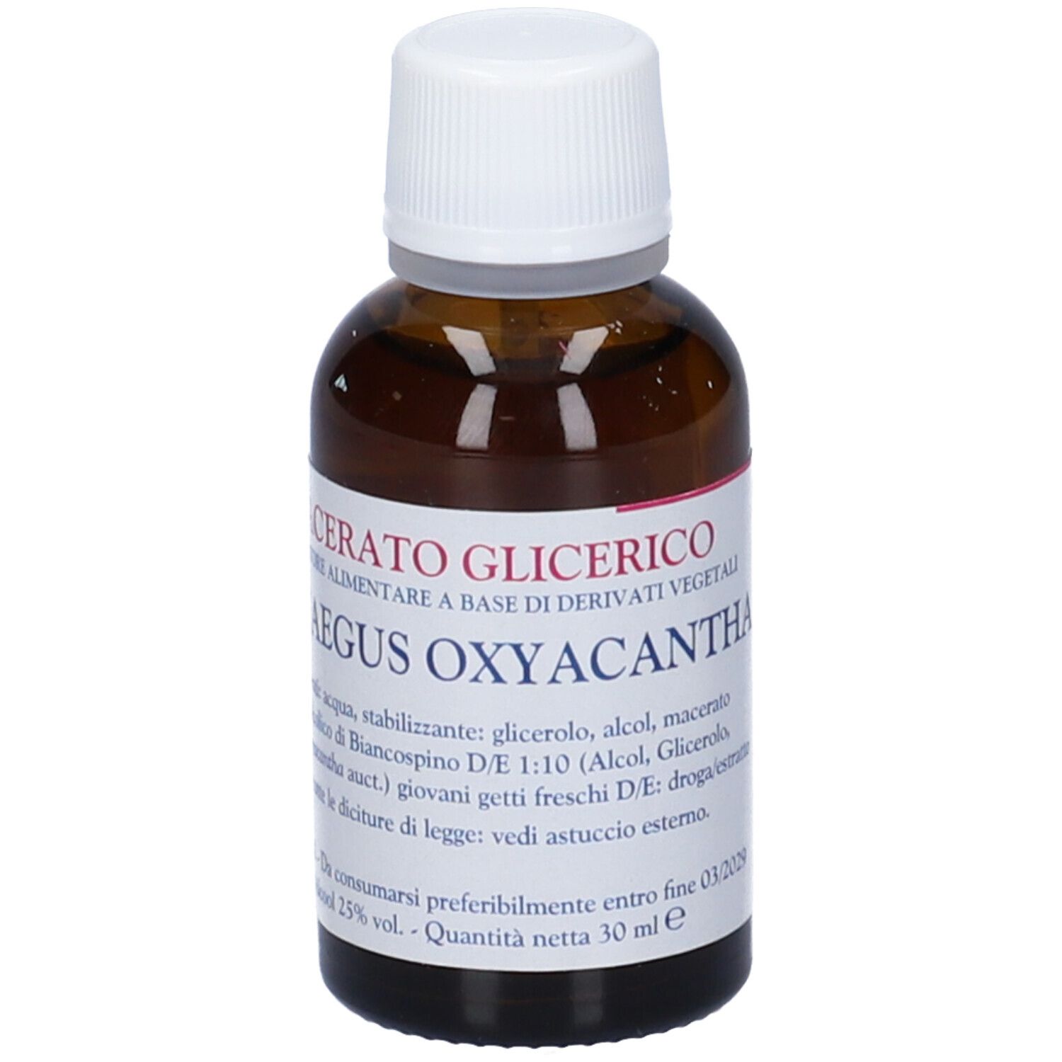 Flacone di vetro marrone con tappo bianco. Scritta: Macerato Glicerico, Crataegus Oxyacantha. 30 ml.
