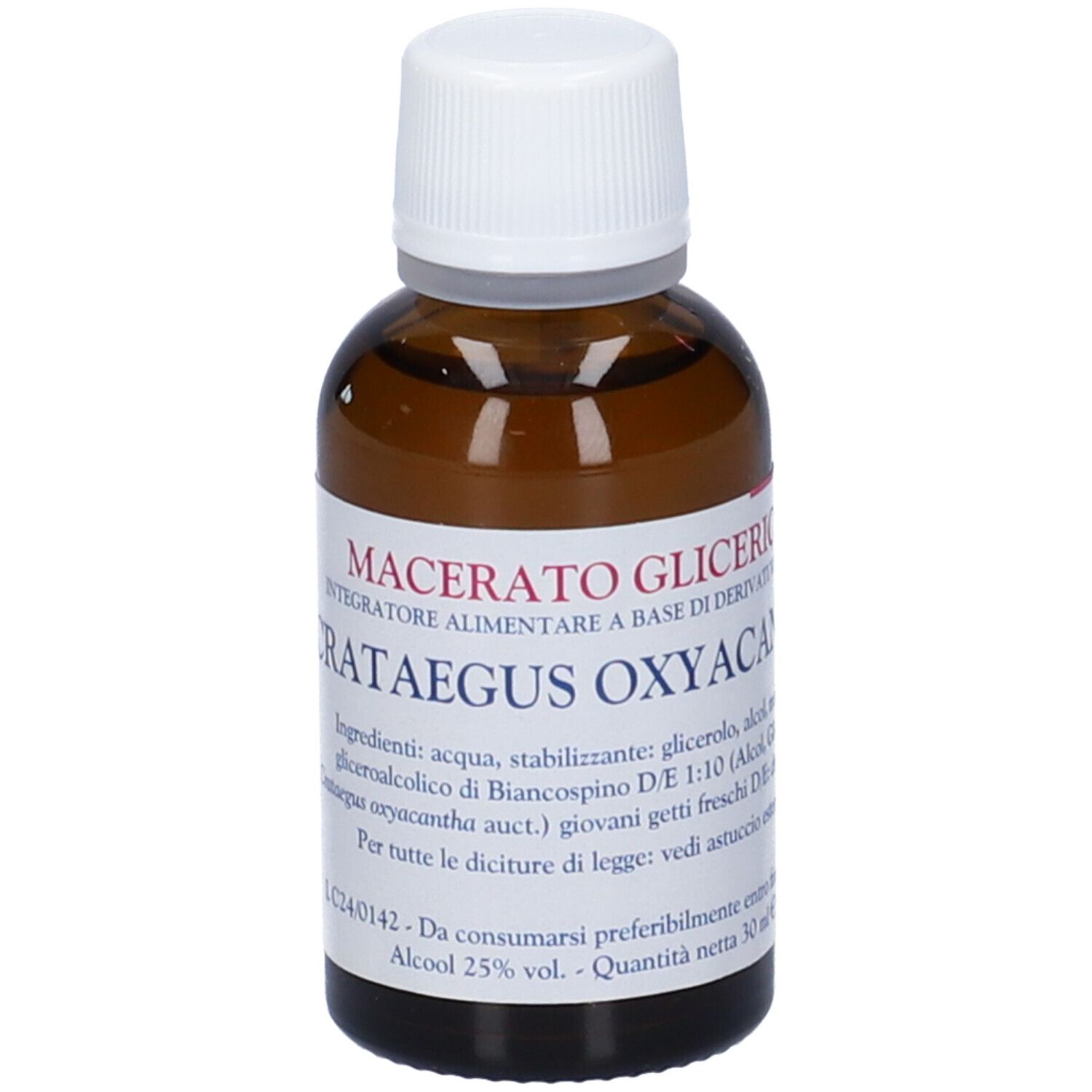 Flacone di vetro marrone con tappo bianco. Scritta: Macerato Glicerico, Crataegus Oxyacantha. 30 ml.