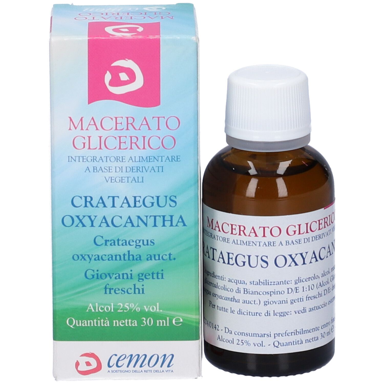 Flacone di vetro marrone con tappo bianco accanto a una scatola. Scritta: Crataegus Oxyacantha. 30 ml.
