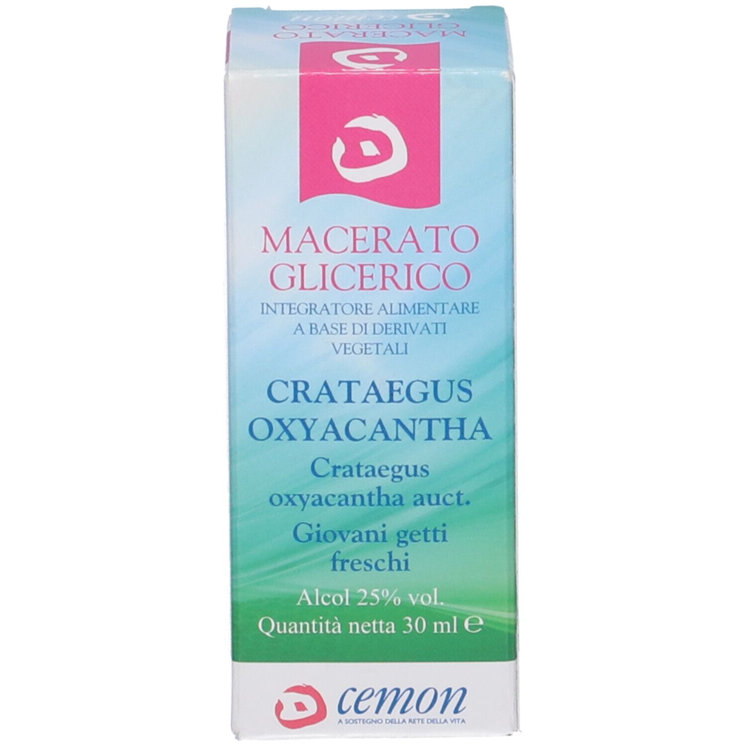 Scatola con scritta: Macerato Glicerico, Crataegus Oxyacantha. 30 ml. Logo: cemon.