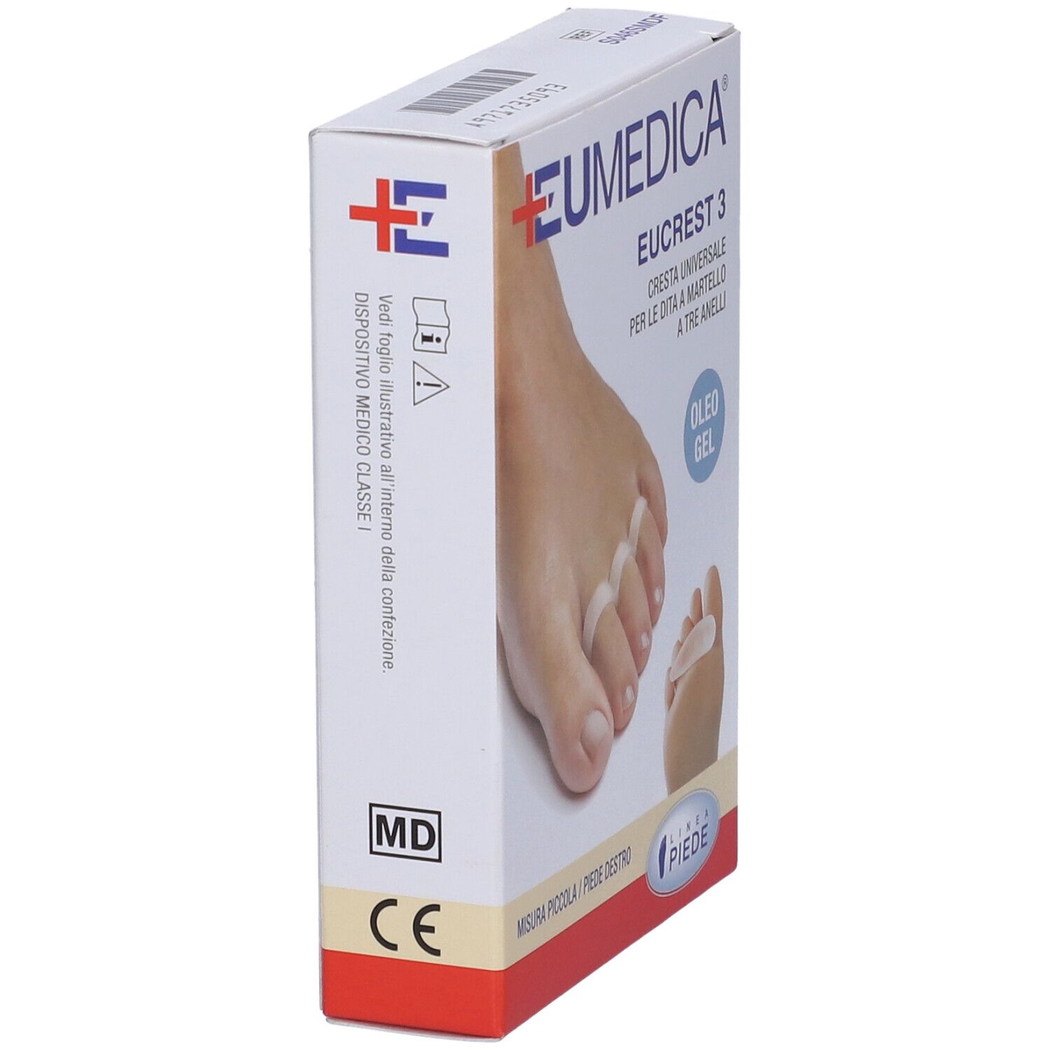 Confezione di Eucrest 3. Prodotto per dita a martello. Vista laterale. Marchio MD e marchio CE.