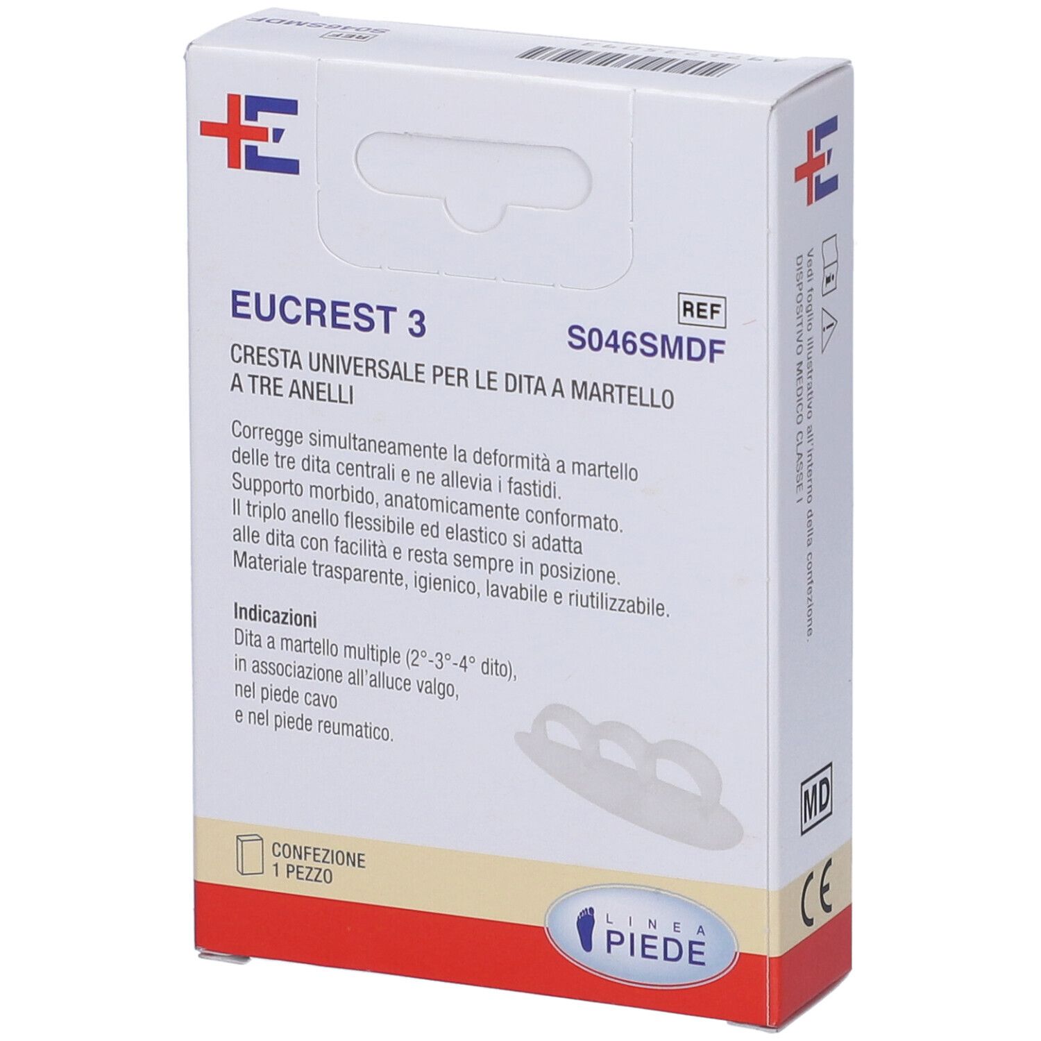 Confezione di Eucrest 3. Prodotto per dita a martello. Testo con informazioni e indicazioni. Marchio MD e CE.