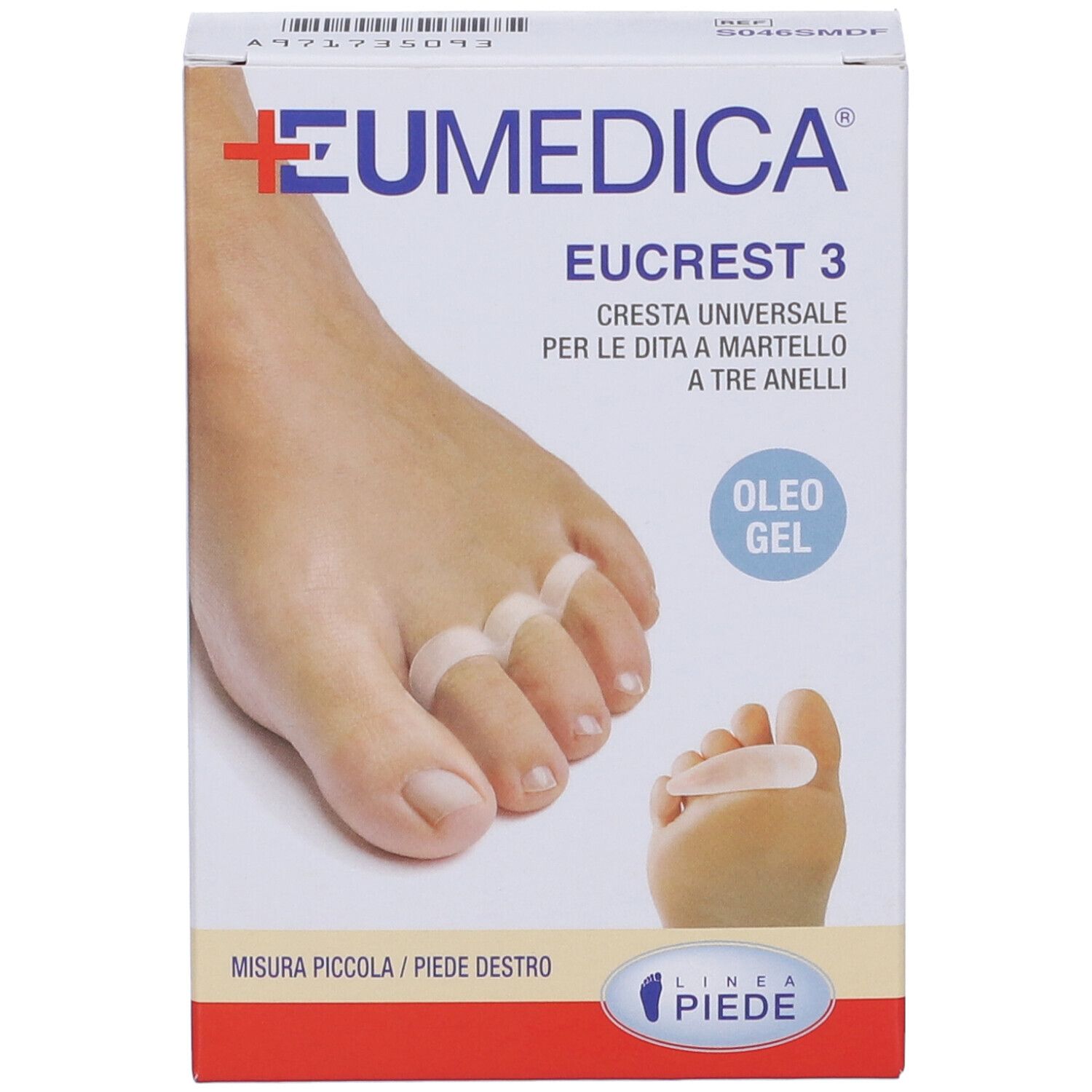 Confezione di Eucrest 3. Prodotto per dita a martello. Mostra un piede con tre anelli. Scritta: Oleo Gel. Taglia: piccola/destra.