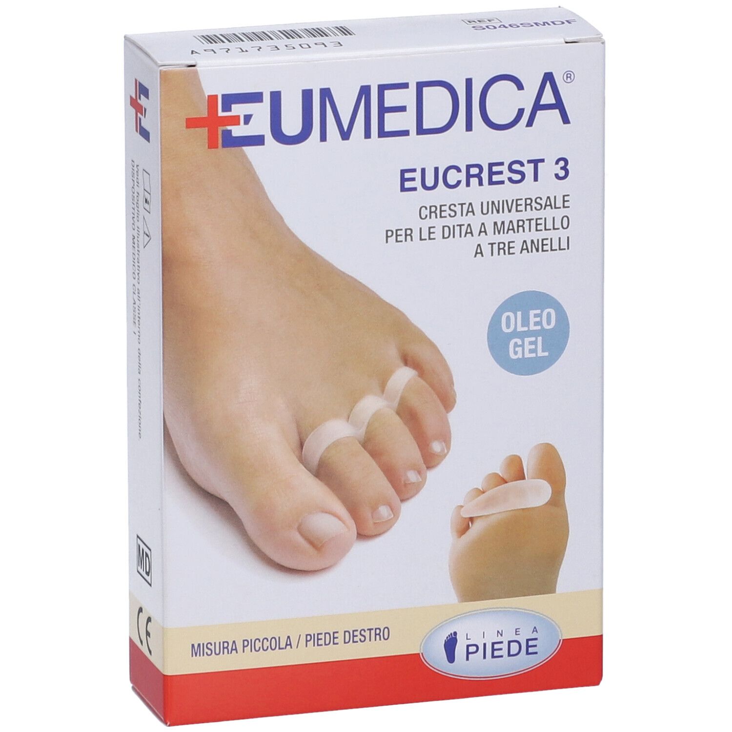 Confezione di Eucrest 3. Prodotto per dita a martello. Mostra un piede con tre anelli. Scritta: Oleo Gel. Taglia: piccola/destra.