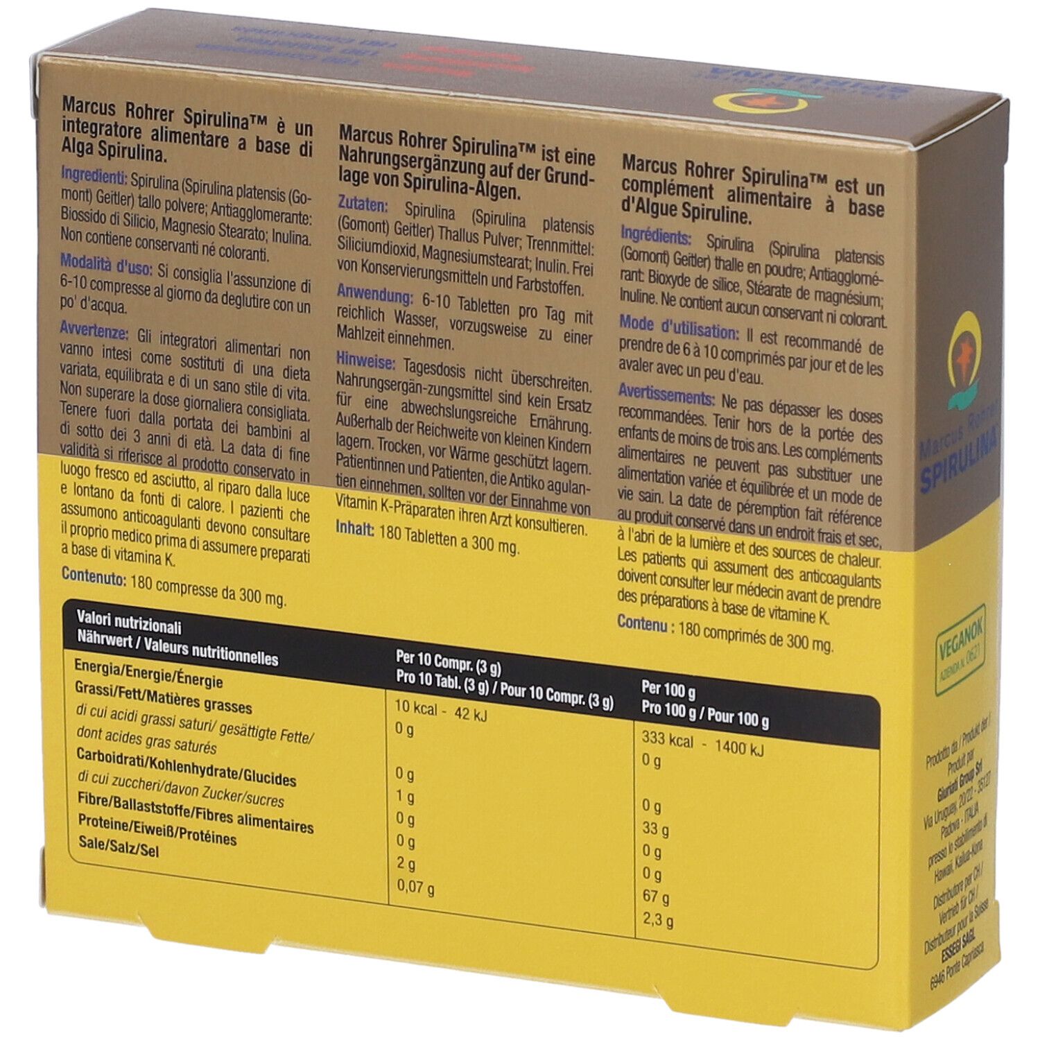 Retro della scatola. Testo: Marcus Rohrer Spirulina. Ingredienti, informazioni nutrizionali. Logo vegano. 180 compresse.