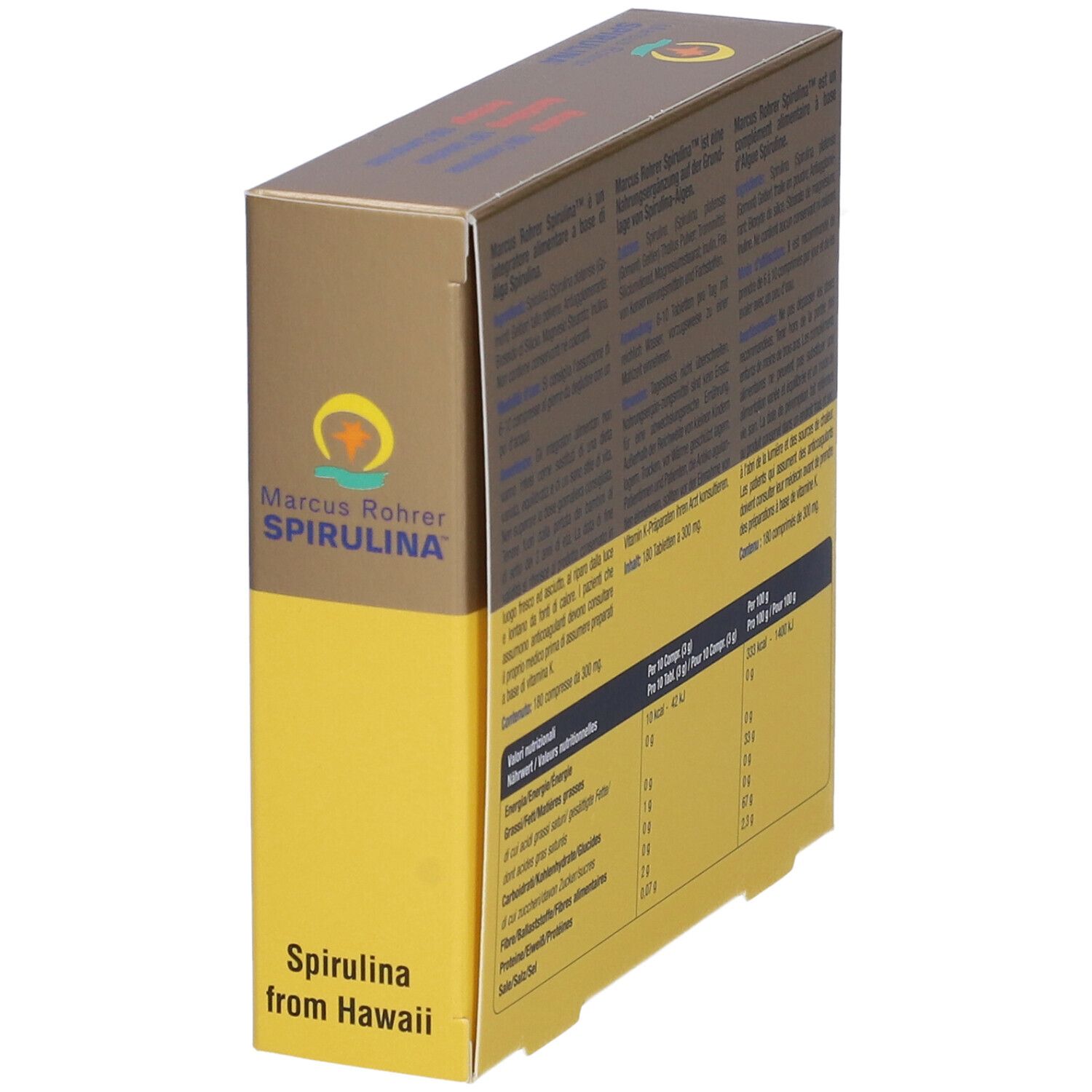 Scatola, vista laterale. Scritta: Marcus Rohrer Spirulina. Testo e informazioni nutrizionali. 180 compresse. Logo vegano.