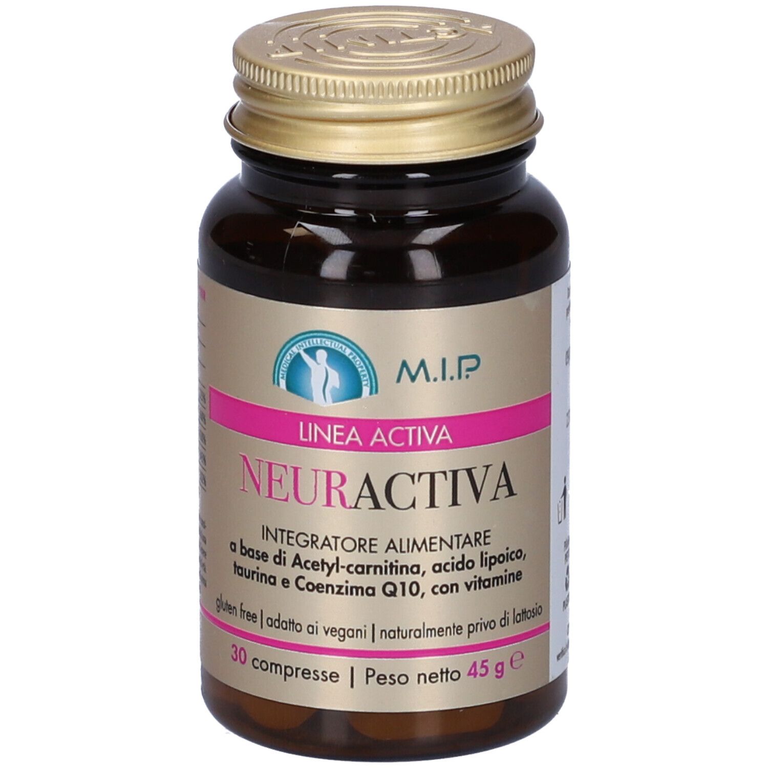 Flacone marrone, tappo dorato. Etichetta con dettagli rosa. Scritta: Neuractiva, 30 compresse.