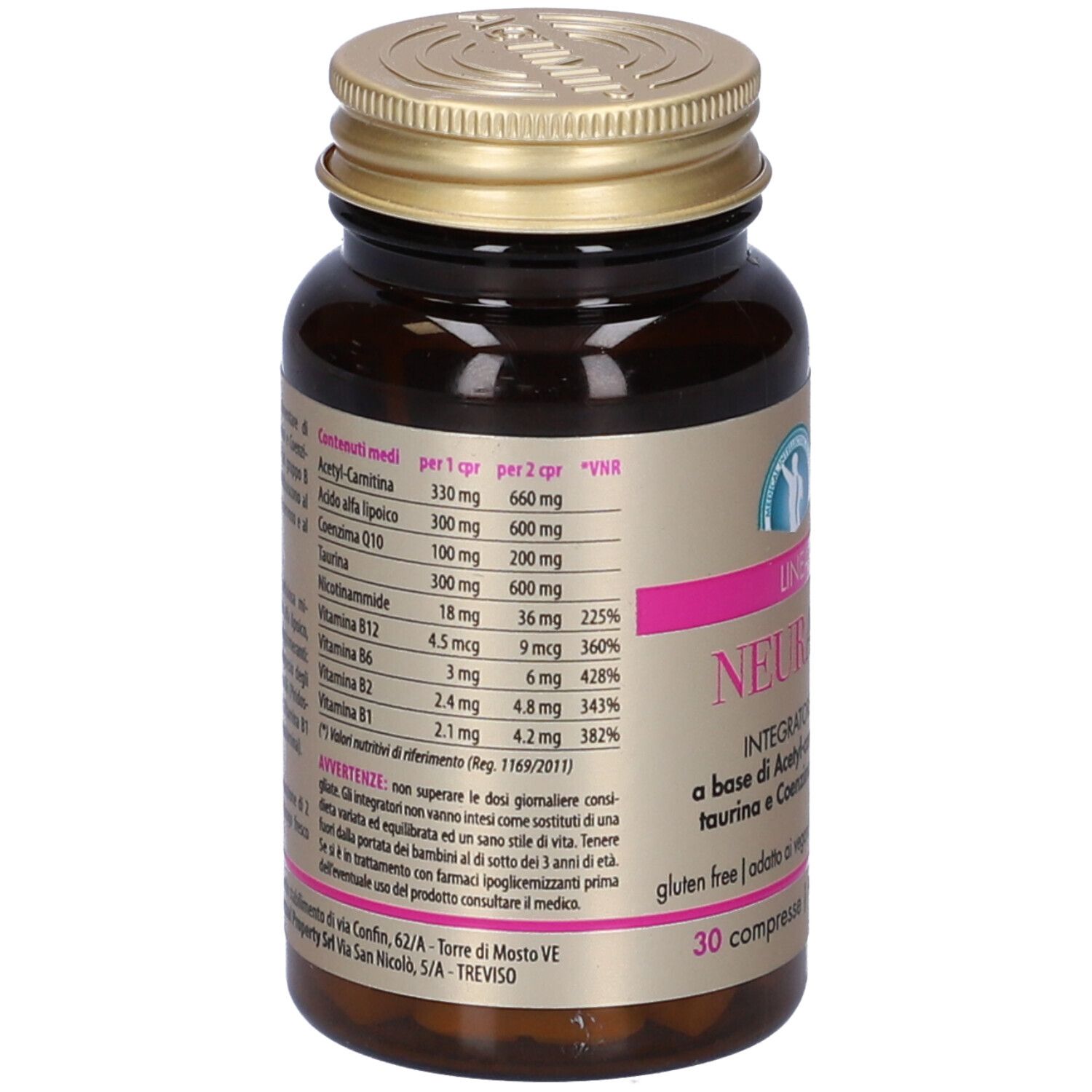 Flacone marrone, tappo dorato. Etichetta con ingredienti e valori nutrizionali. Testo in italiano.