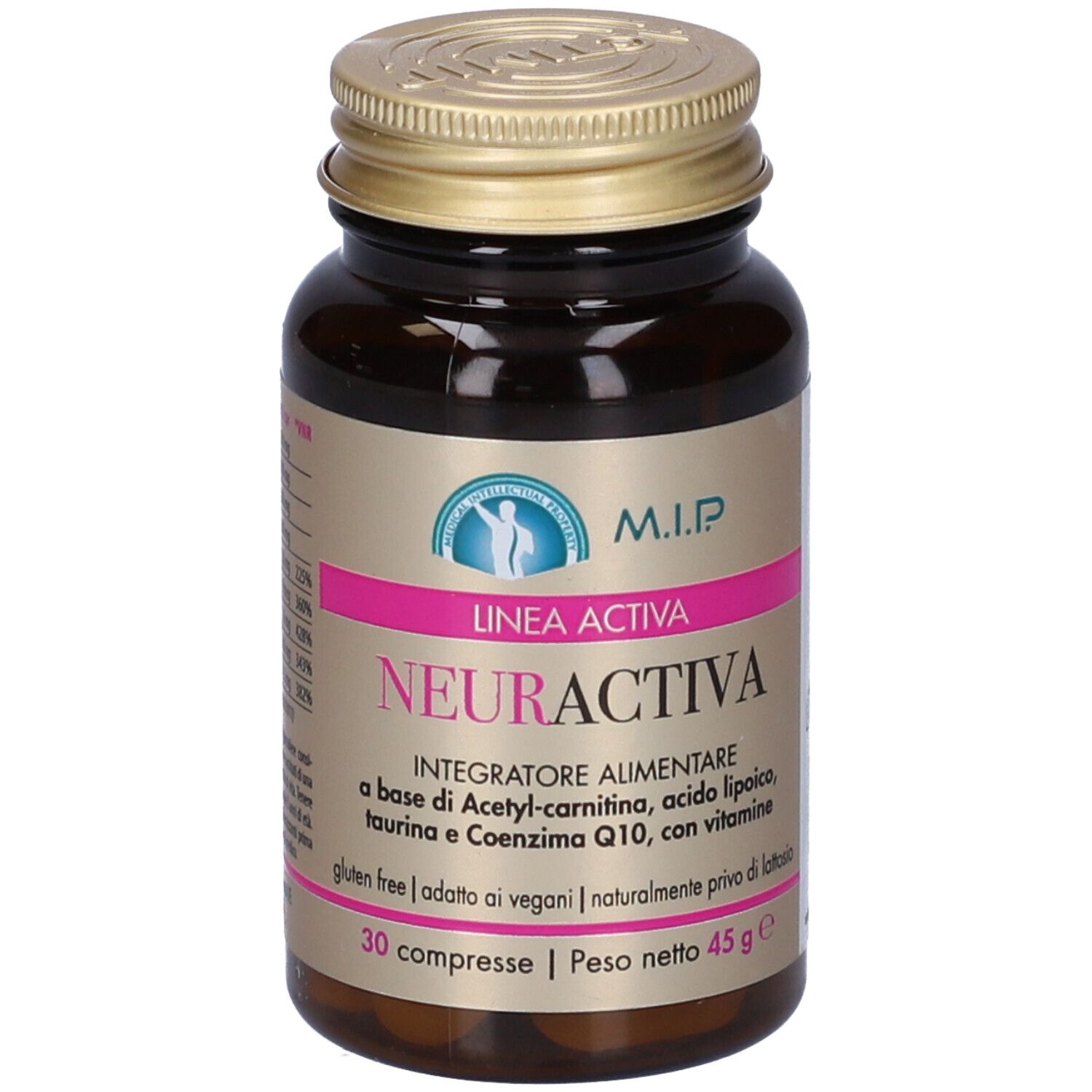 Flacone marrone, tappo dorato. Etichetta con dettagli rosa. Scritta: Neuractiva, 30 compresse.